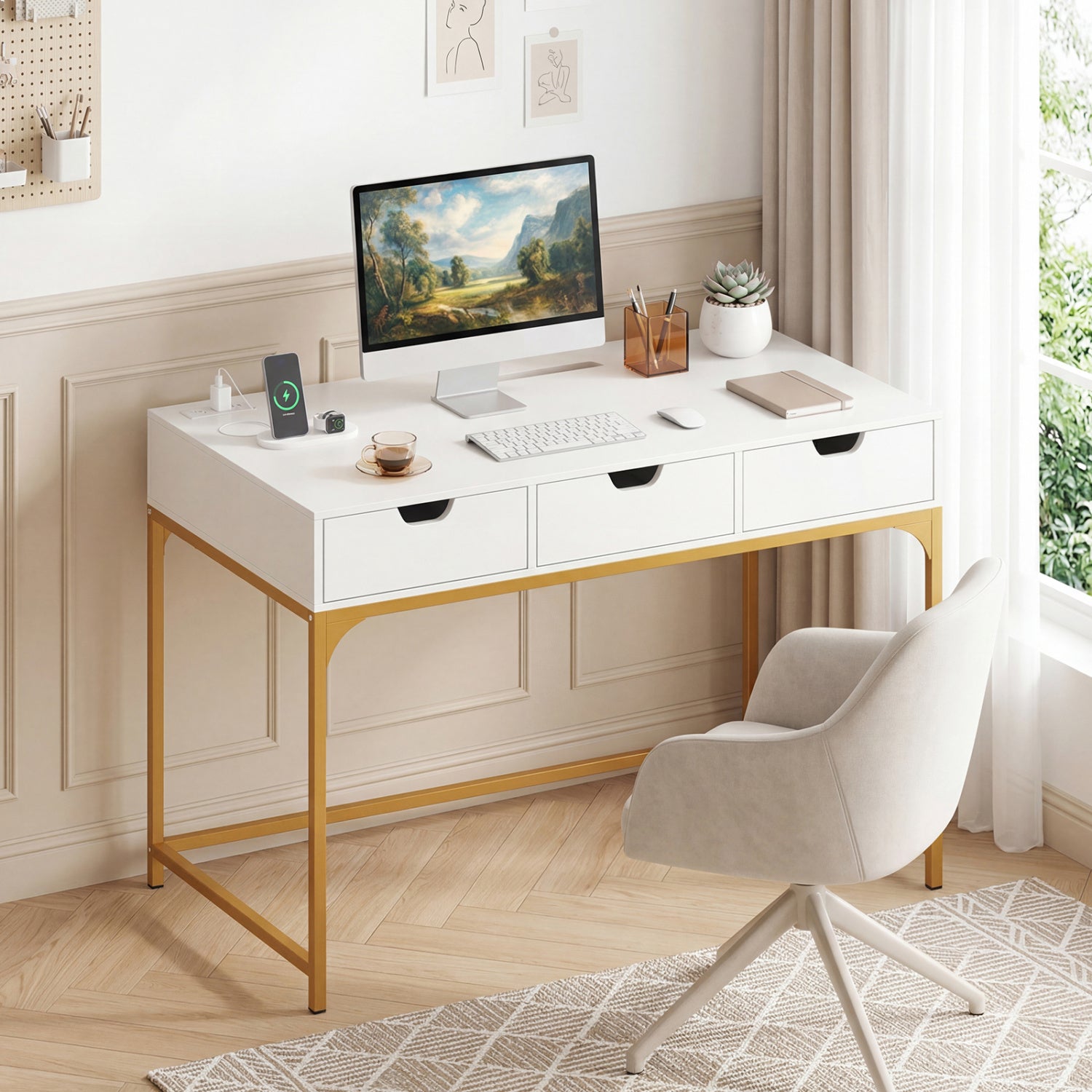 Office Desk With Power Outlets, Hidden Compartment, White Office Desks at Gallery Canada