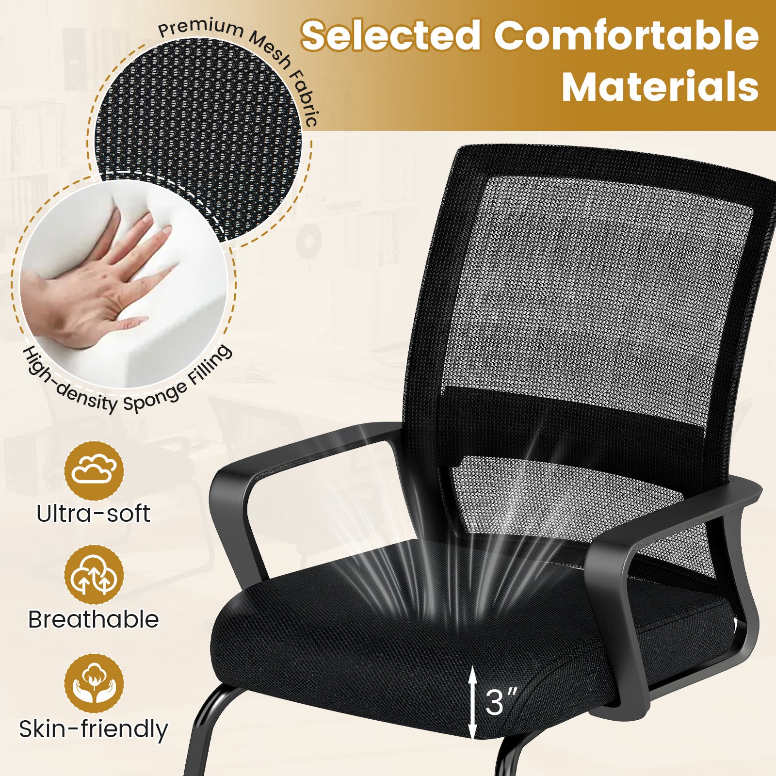 Office Guest Chair with Lumbar Support for Waiting Room-2 Pieces, Black Mesh Chairs at Gallery Canada