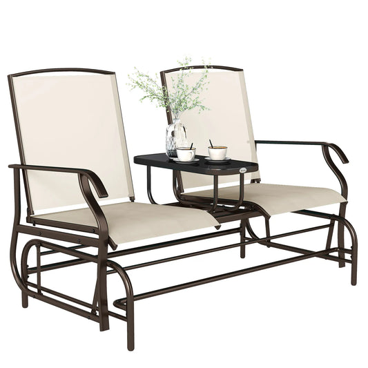 2 Person Patio Glider Rocking Chair, Outdoor Loveseat, Beige Outdoor Gliders Brown Frame, Beige Fabric at Gallery Canada
