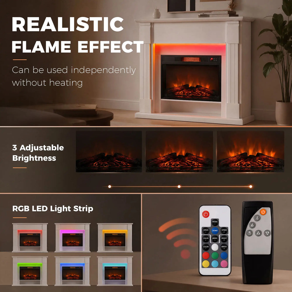 41 Inch Electric Fireplace with Mantel, 1400W Heater, Adjustable 3D Flame, White Electric Fireplaces at Gallery Canada