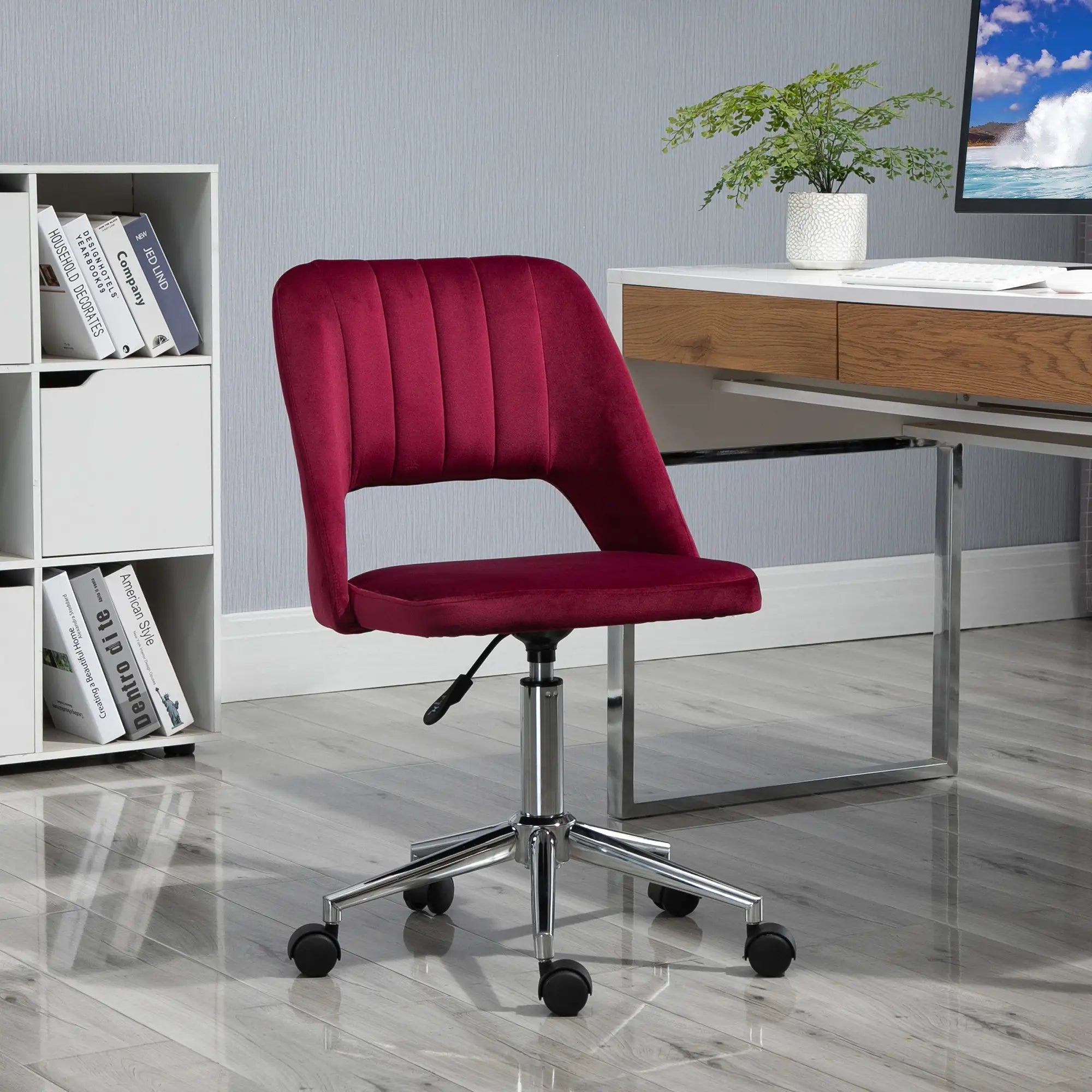 Mid Back Office Chair, Velvet Fabric, Swivel, Scallop Shape, Red Task Chairs at Gallery Canada