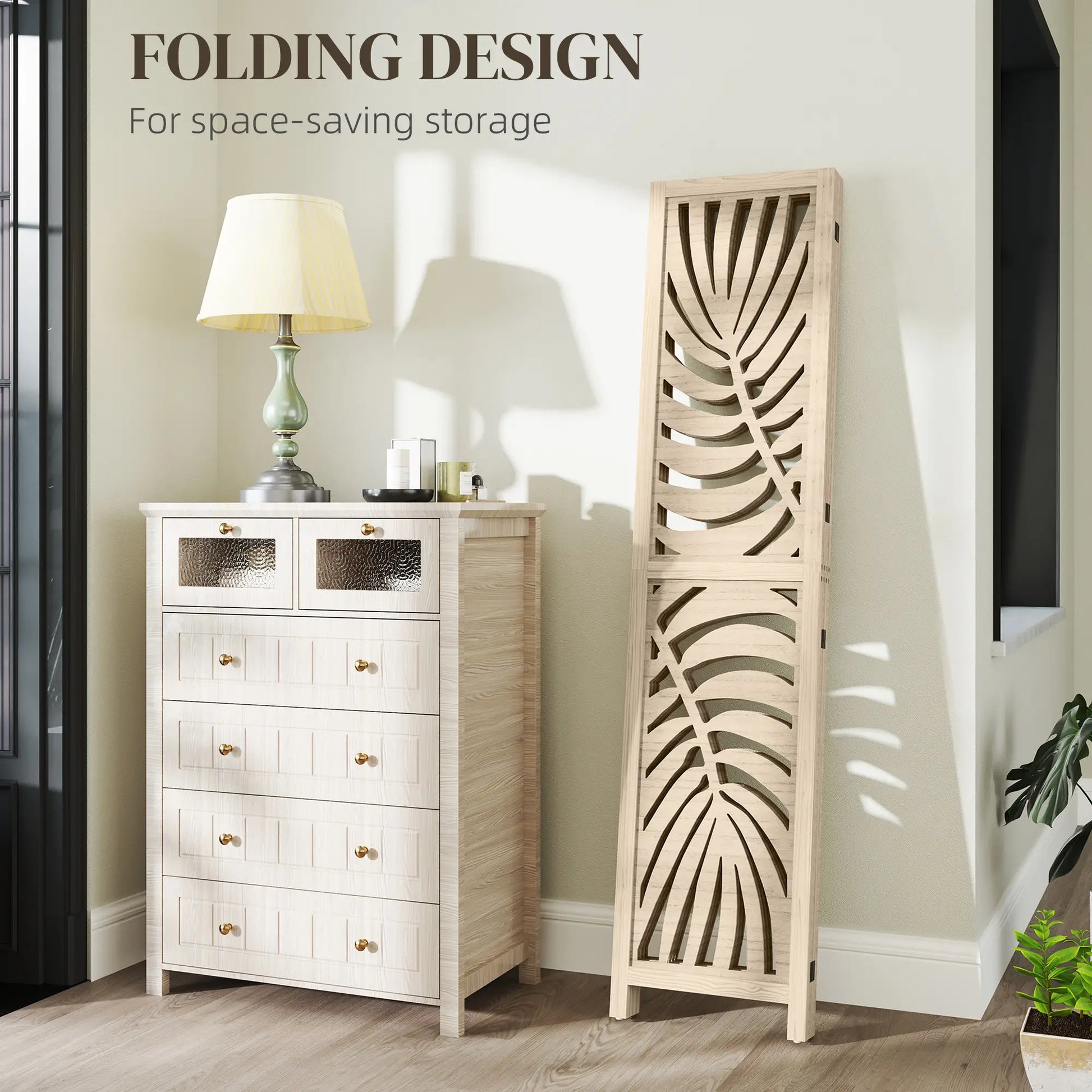 4 Panel Room Divider, Detachable Folding Privacy Screen, Palm Leaf Design, Natural Wood Finish Room Dividers at Gallery Canada