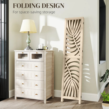 4 Panel Room Divider, Detachable Folding Privacy Screen, Palm Leaf Design, Natural Wood Finish Room Dividers at Gallery Canada