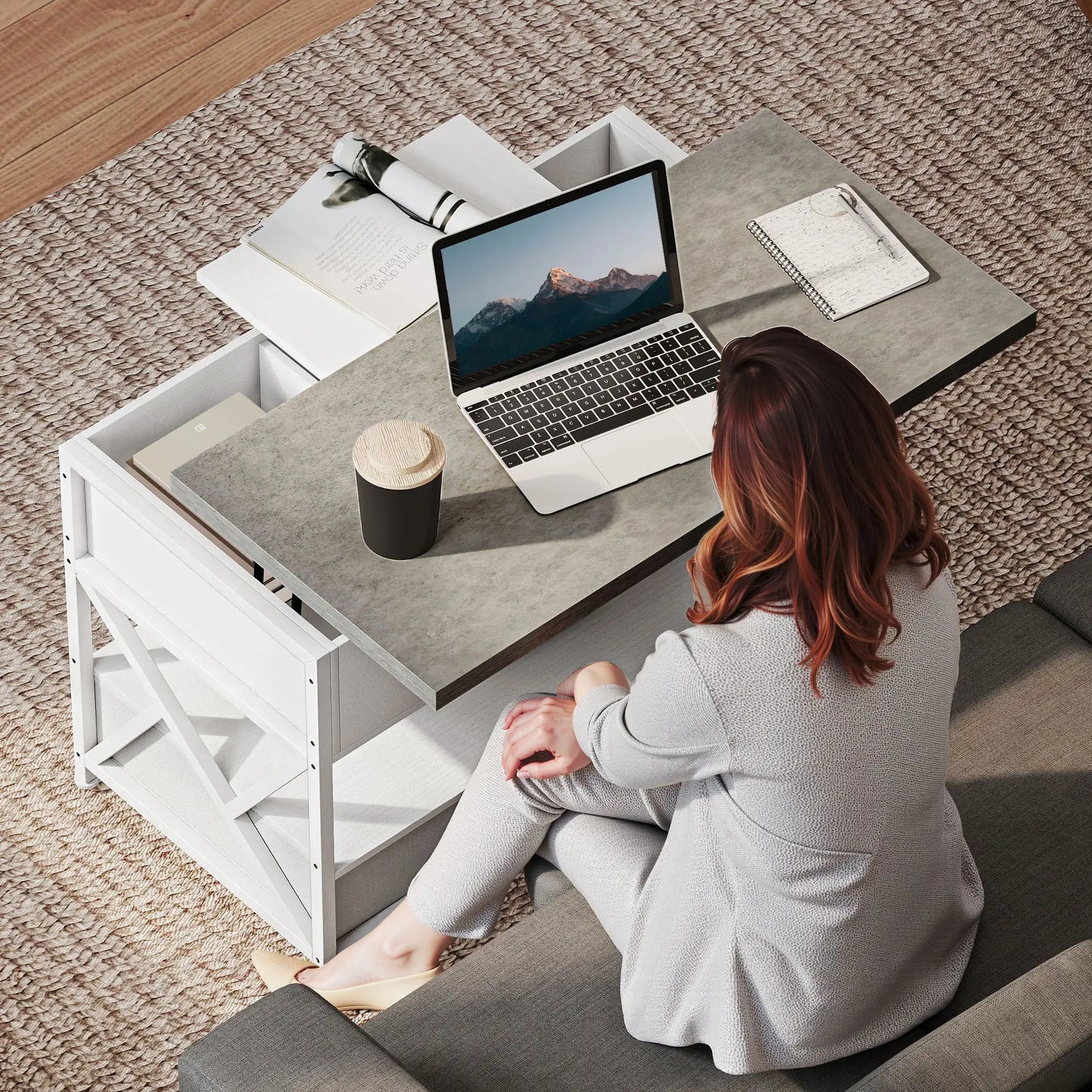 Modern Coffee Table, Lift Top with Fabric Drawers, Hidden Storage, Cement Grey Coffee Tables at Gallery Canada