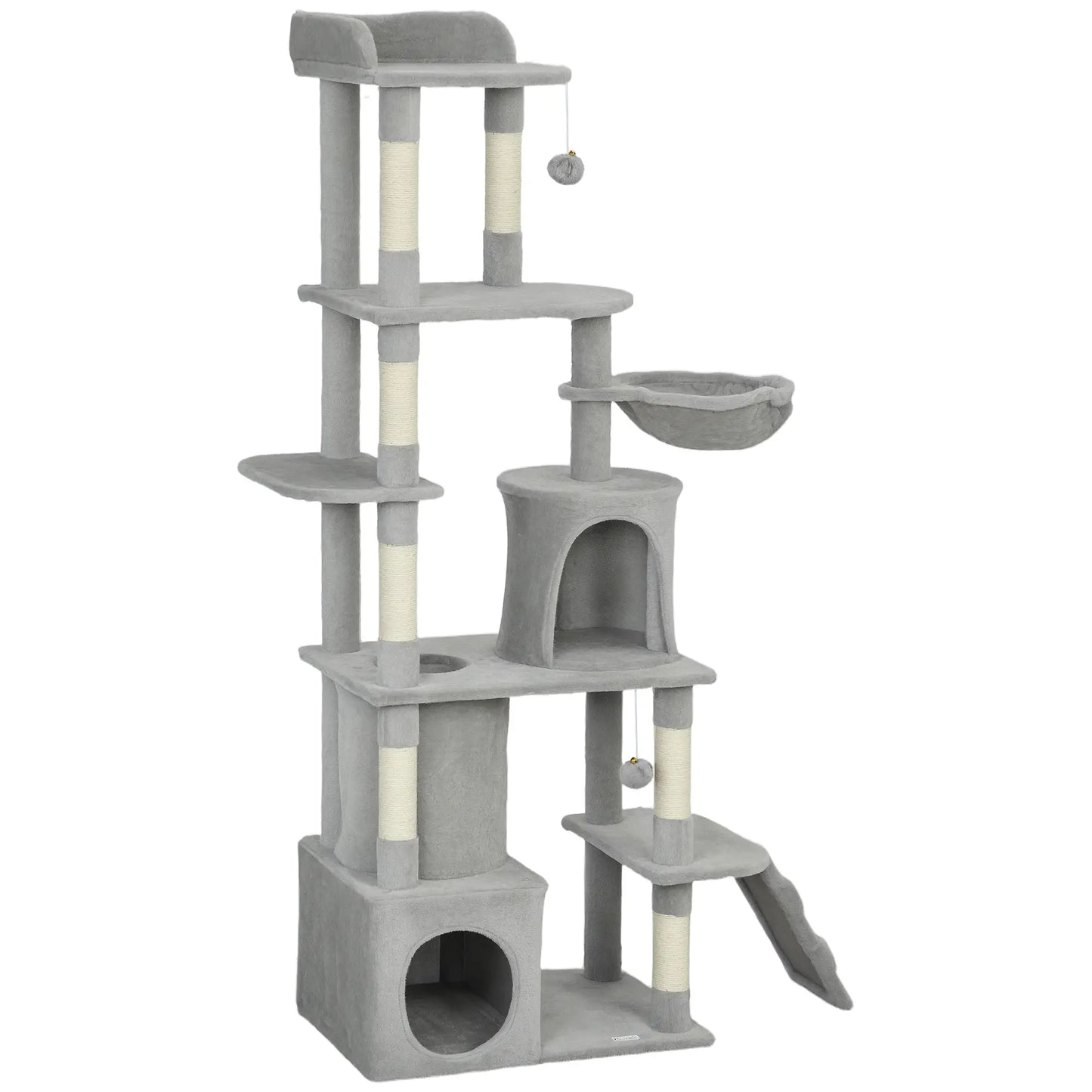 67" Large Cat Tree with 7 Scratching Posts, Tunnel, 2 Condos, Hammock, Perch, Ramp, Pompoms, Light Grey