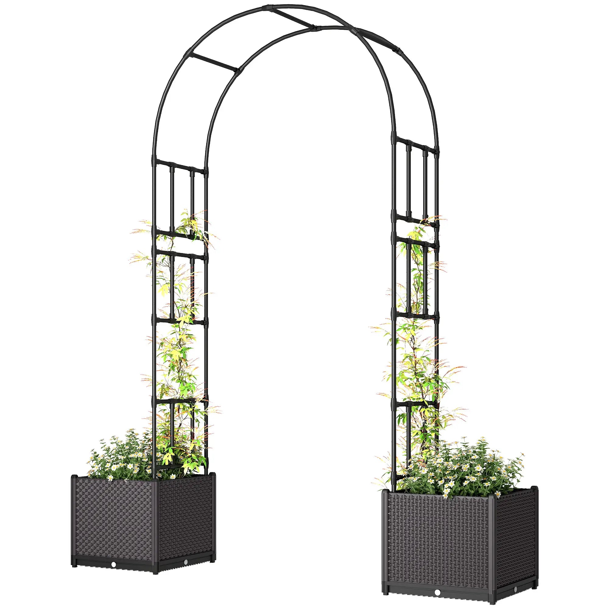 8ft Garden Arch with Planters, Steel Trellis Arbor, Brown, Black Garden Arches at Gallery Canada