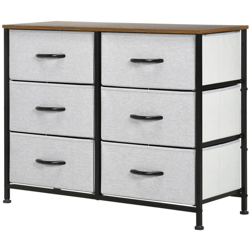 6 Drawer Dresser, Fabric Chest, Steel Frame, Wood Grain Top, Grey