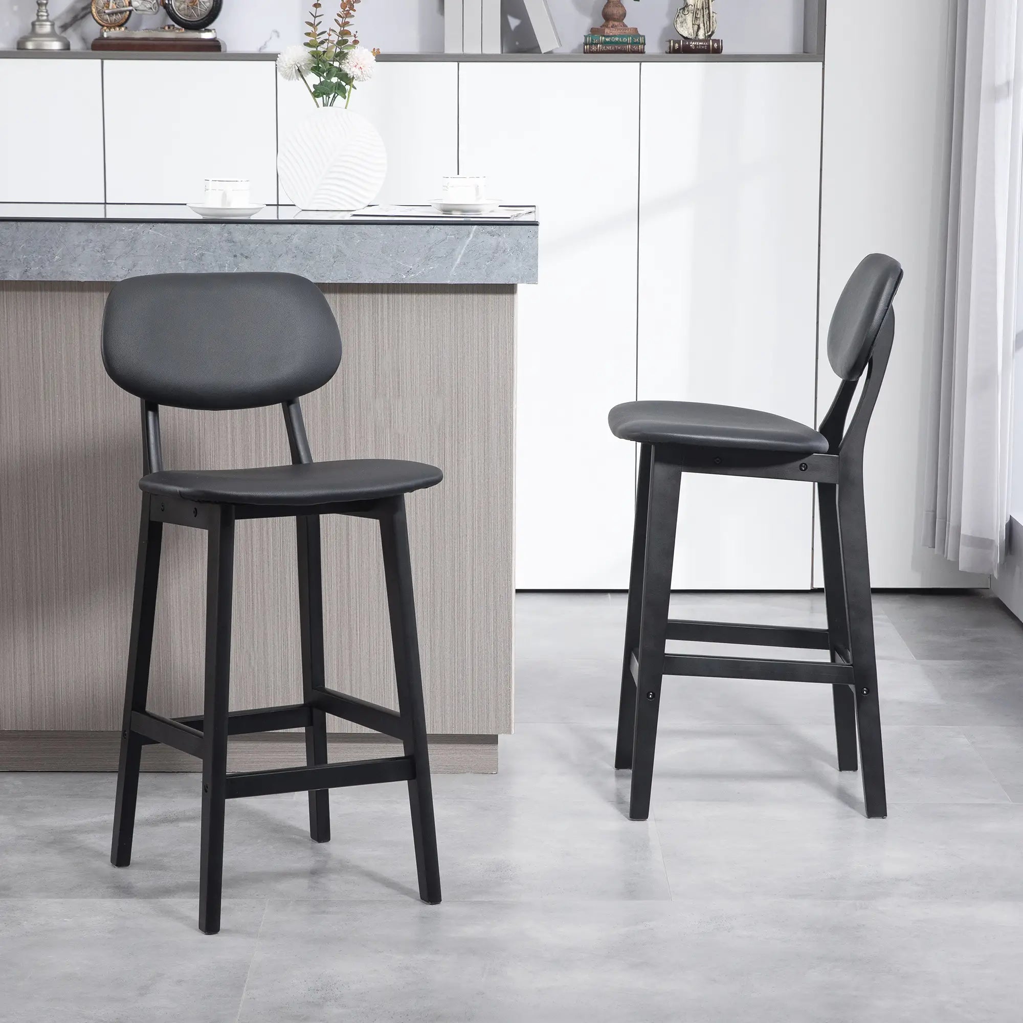 PU Leather Bar Stools Set of 2, Counter Height with Footrest, Solid Wood Legs, Black Bar Stools at Gallery Canada