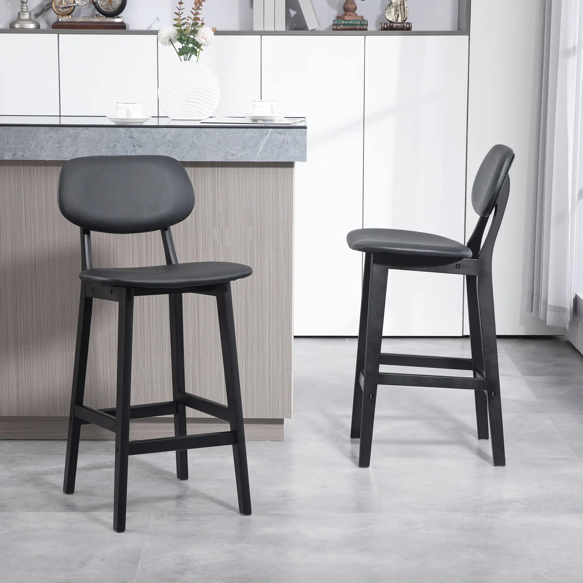 PU Leather Bar Stools Set of 2, Counter Height with Footrest, Solid Wood Legs, Black Bar Stools at Gallery Canada