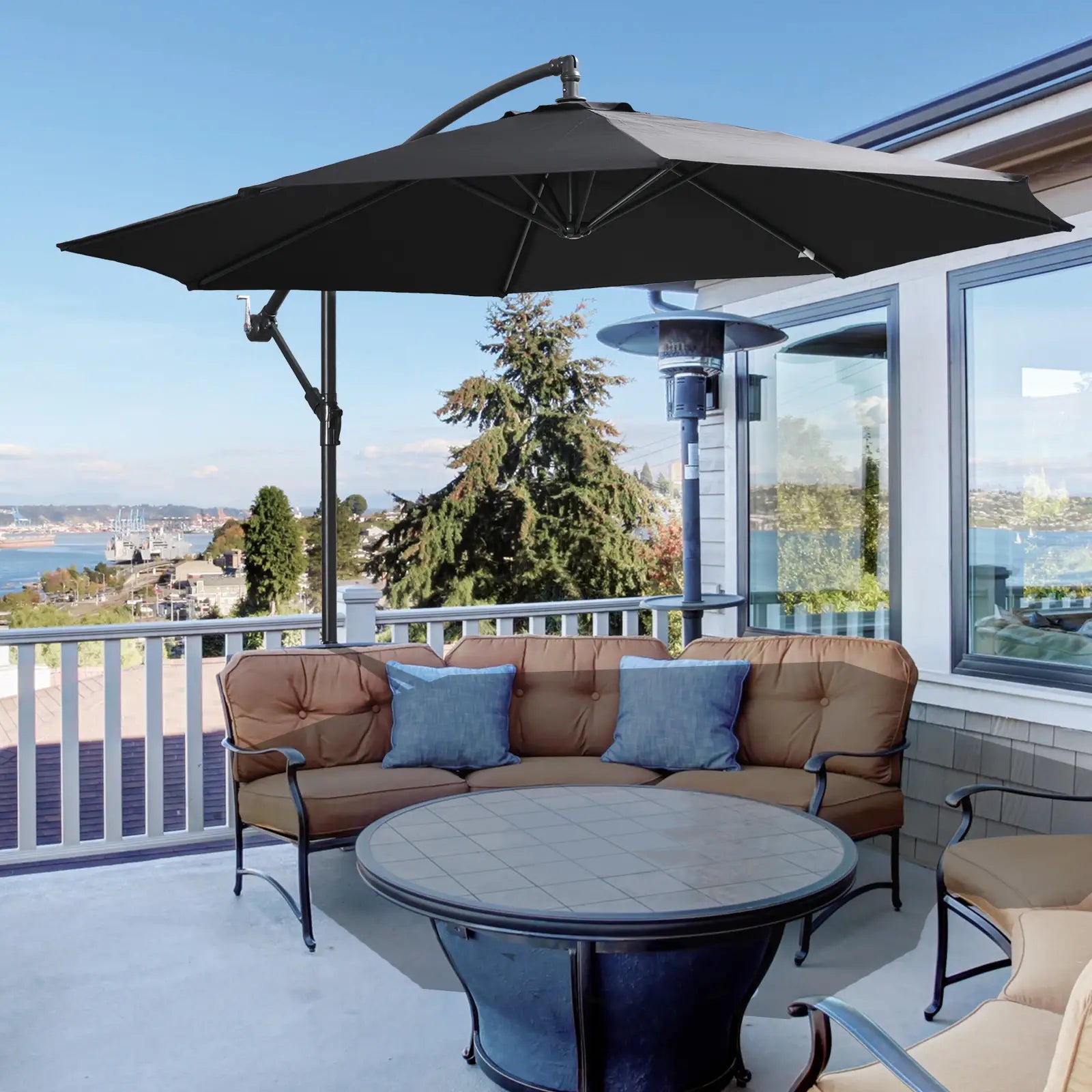 9.7ft Offset Patio Umbrella, 8 Ribs, Crank Handle, Black Offset Cantilever Umbrellas at Gallery Canada