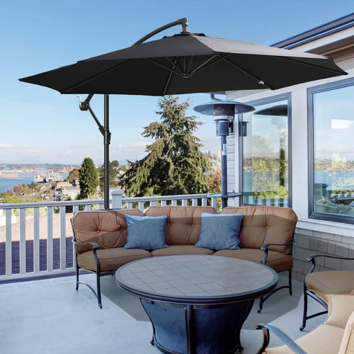 9.7ft Offset Patio Umbrella, 8 Ribs, Crank Handle, Black