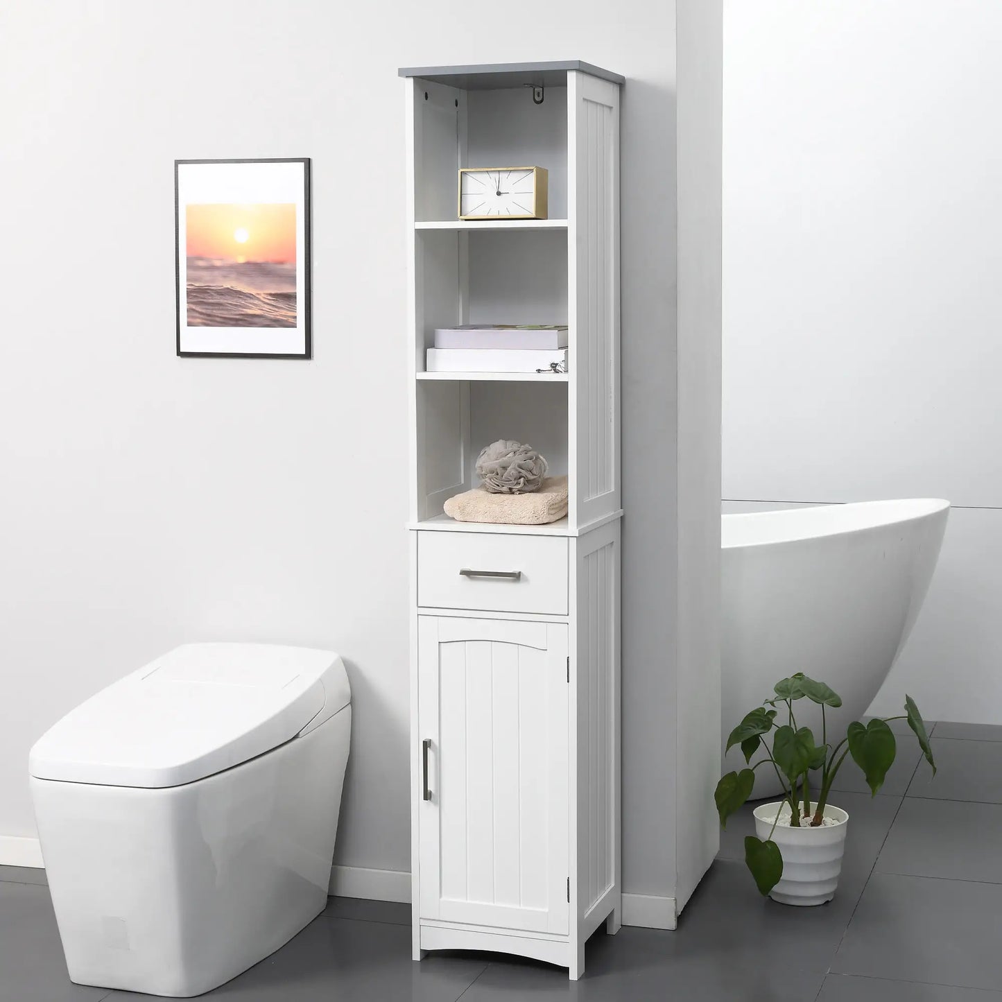 Tall Bathroom Storage Cabinet, 3 Tier Shelf with Drawer, White Bathroom Cabinets at Gallery Canada