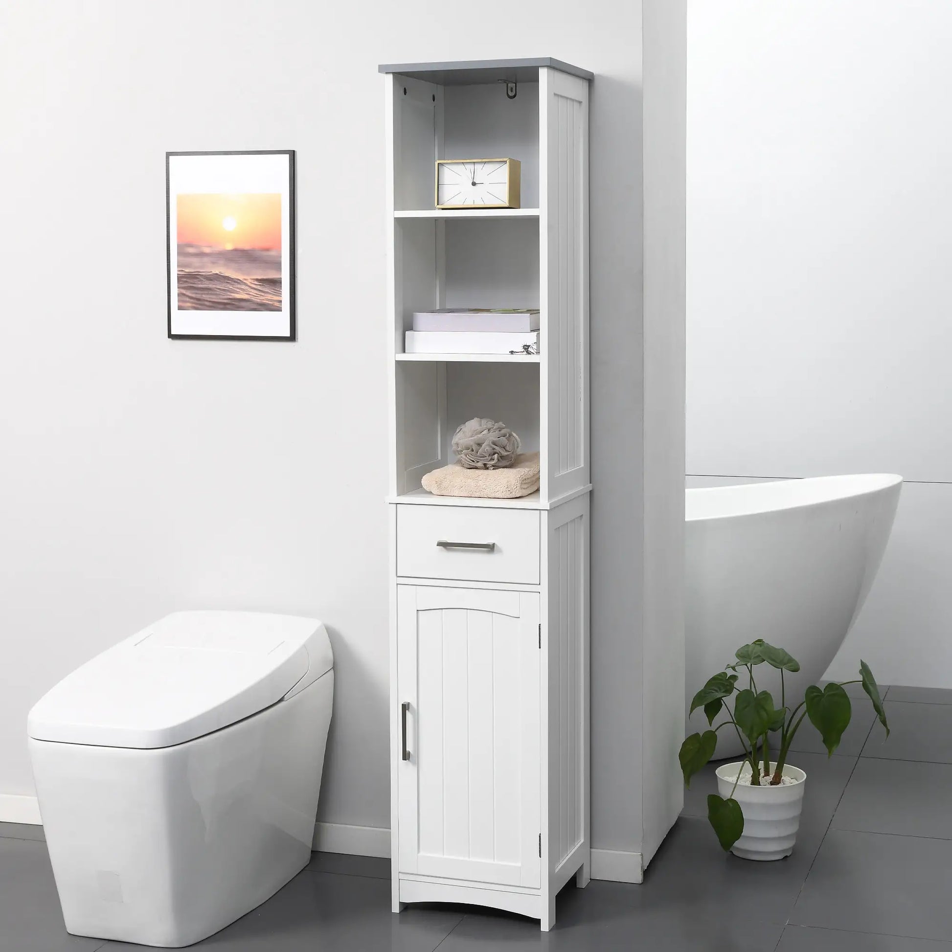 Tall Bathroom Storage Cabinet, 3 Tier Shelf with Drawer, White Bathroom Cabinets at Gallery Canada