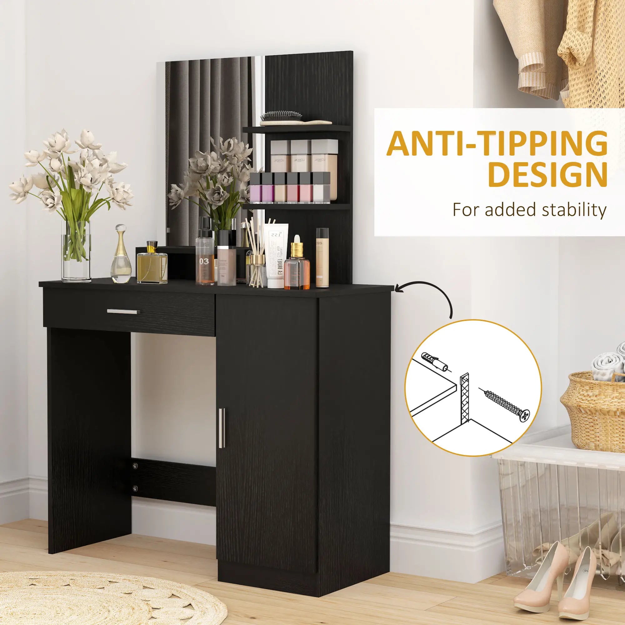 Dressing Table with Mirror, Drawer, Storage Shelves, 35.4