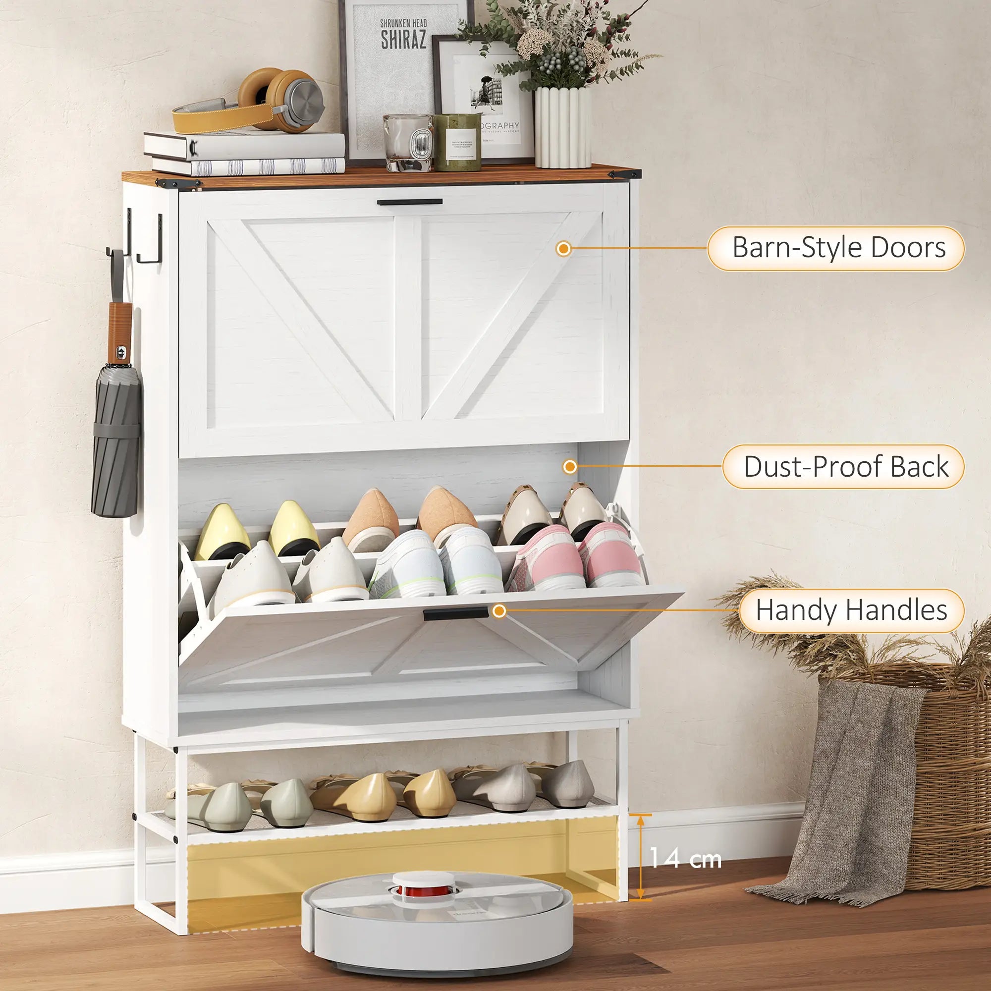 Narrow Shoe Cabinet with 2 Flip Drawers, Slim, White Wood Grain, White Shoe Storage Cabinets & Racks at Gallery Canada