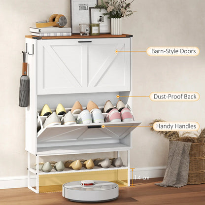 Narrow Shoe Cabinet with 2 Flip Drawers, Slim, White Wood Grain, White Shoe Storage Cabinets & Racks at Gallery Canada
