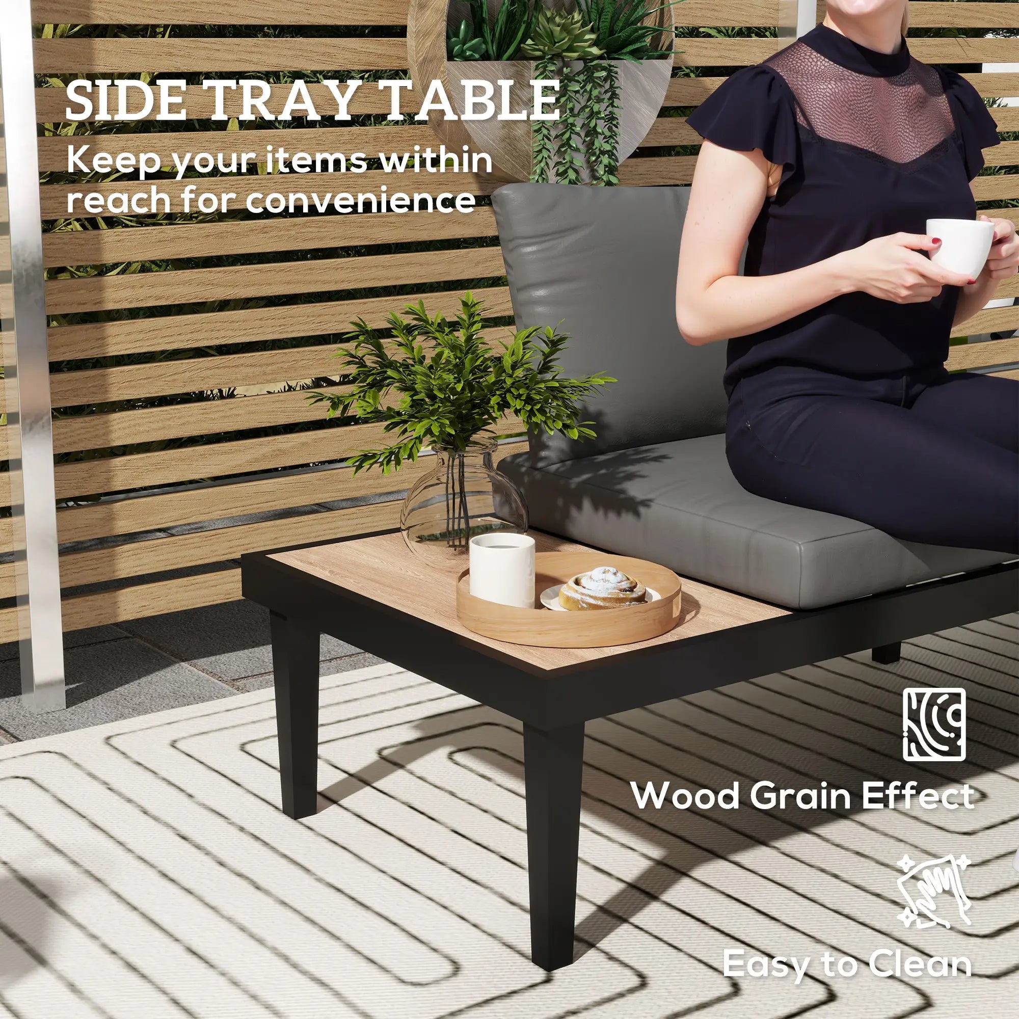 2 Seater Patio Sofa, Outdoor Couch with Wood Tray, Cushions, Grey Patio Chairs at Gallery Canada