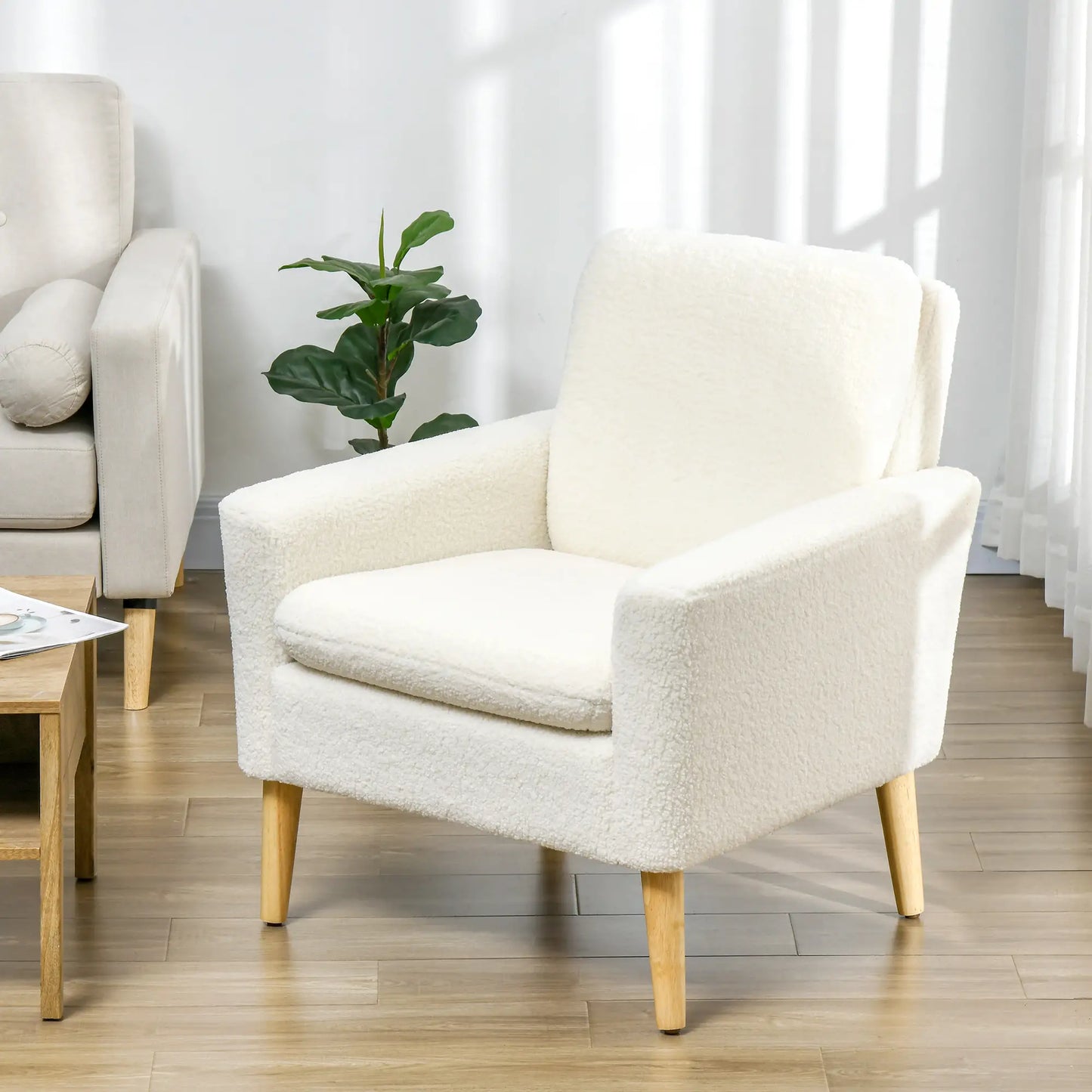 Modern Fabric Accent Chair, Upholstered Armchair with Wood Legs, Cream White Accent Chairs at Gallery Canada