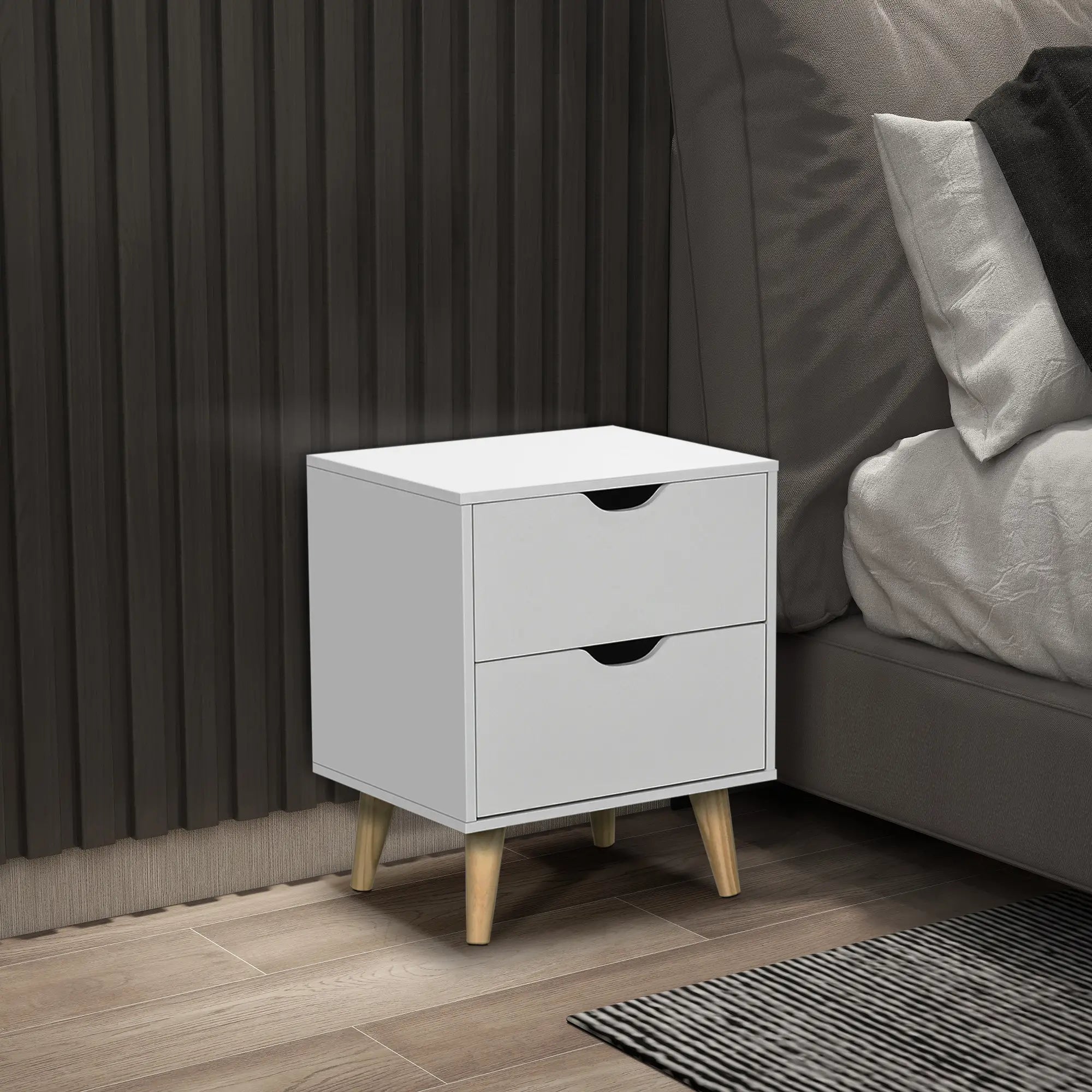 Modern Bedside Table, Nightstand with 2 Drawers, Pine Wood Legs, White Bedside Tables White at Gallery Canada