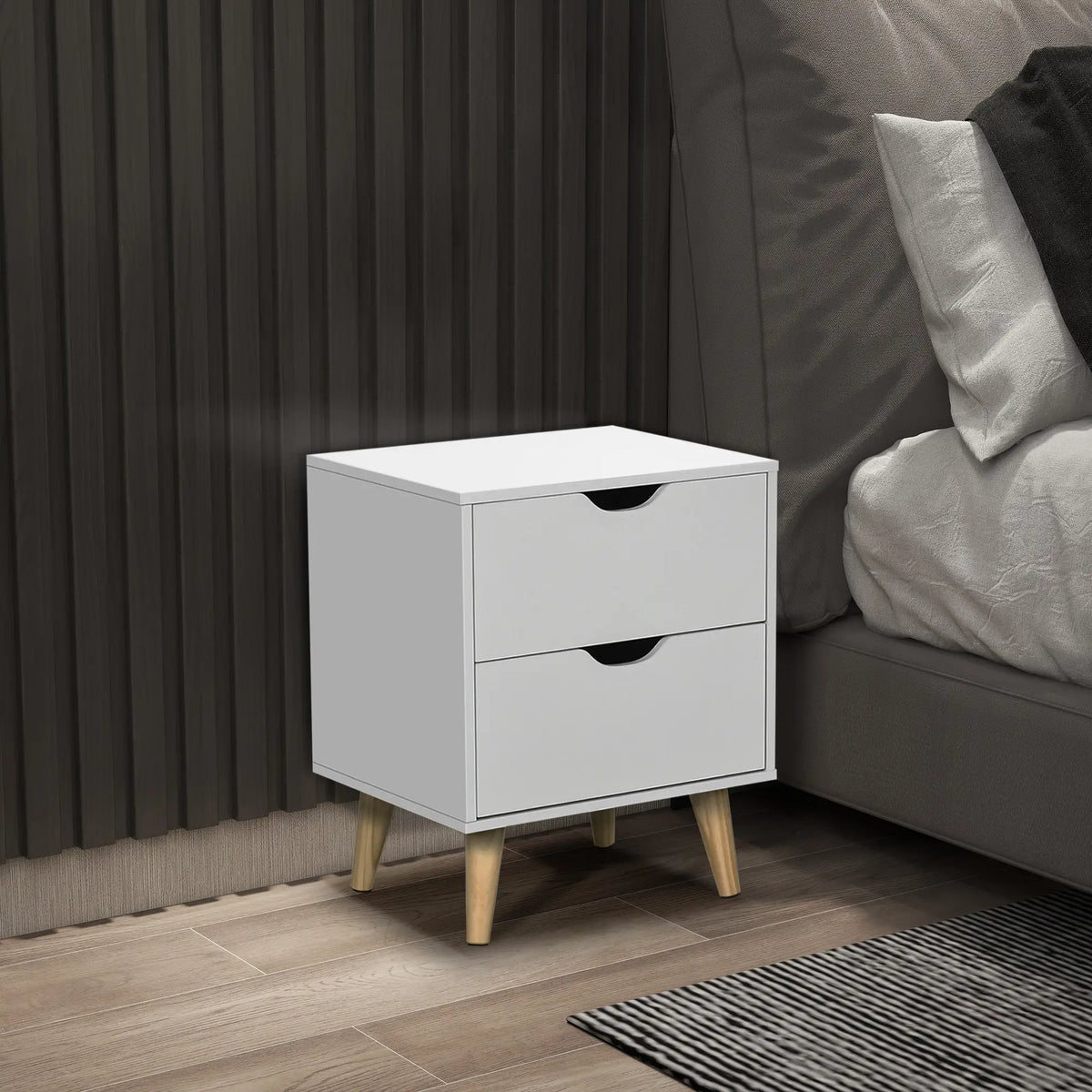 Modern Bedside Table, Nightstand with 2 Drawers, Pine Wood Legs, White Bedside Tables White at Gallery Canada