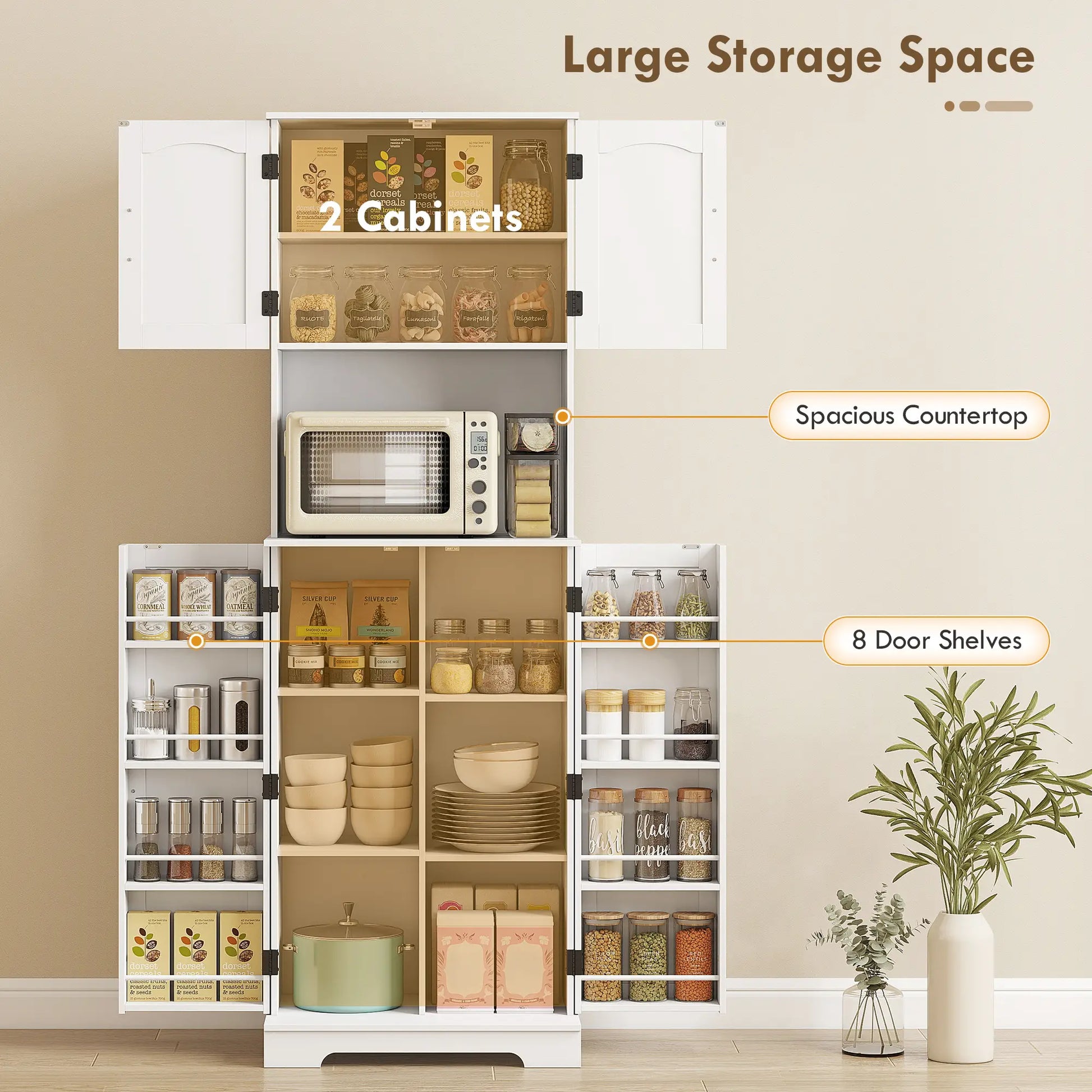 71.5" Tall Pantry Cabinet, Farmhouse Kitchen Storage, Adjustable Shelves, White Kitchen Pantry Cabinets at Gallery Canada