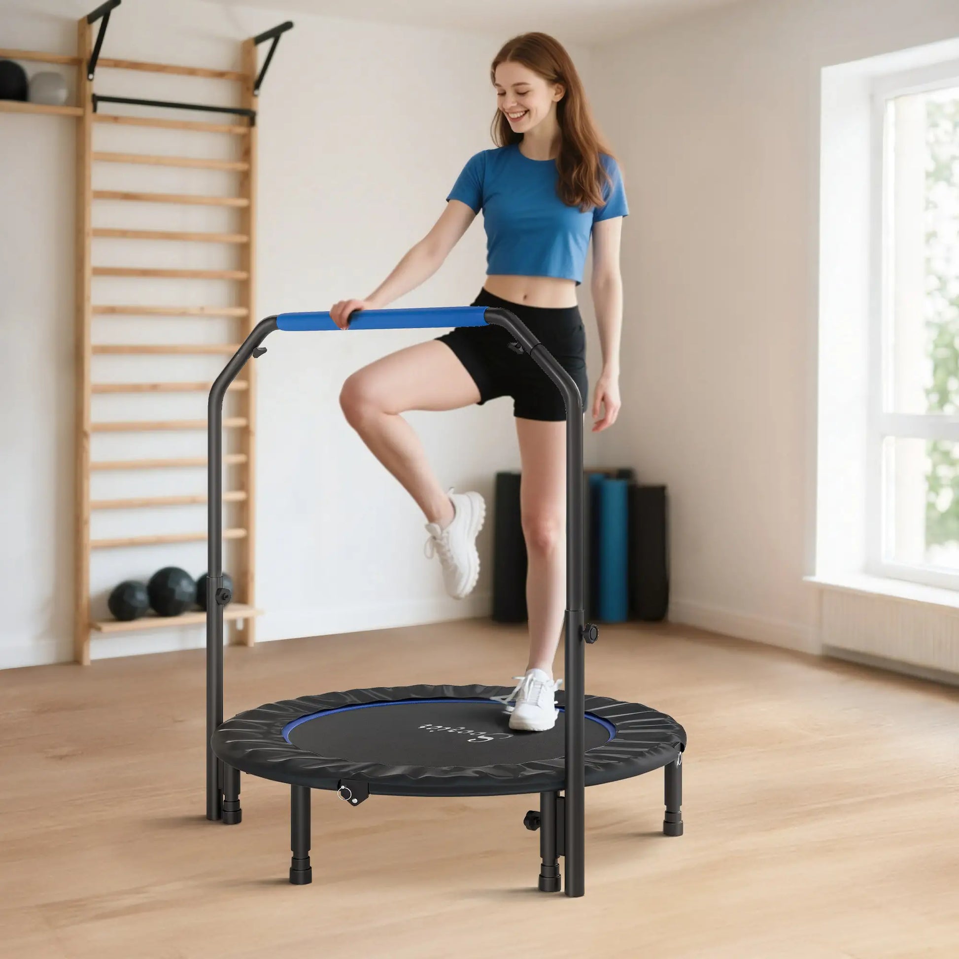 45" Foldable Mini Fitness Trampoline, Adjustable Foam Handle, Blue Trampolines at Gallery Canada