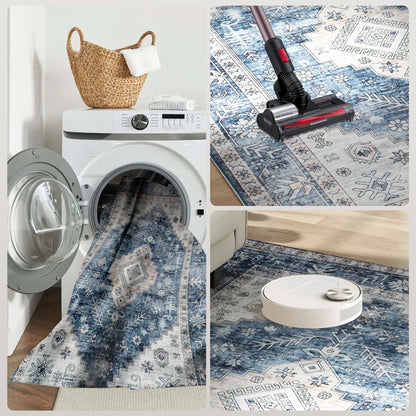 9x12 Vintage Washable Non-Slip Rug, for Living, Bedroom, Dining, Blue Living Room Furniture at Gallery Canada