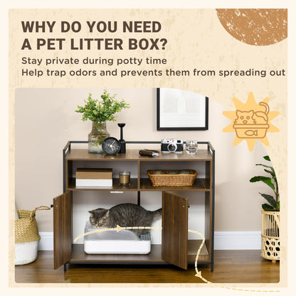 35" x 17.7" x 28.7" Hidden Cat Litter Box Enclosure with Storage Shelves, Cat Furniture Indoor Pet House Side Table with Scratching Pad, Double Doors, Brown - Gallery Canada