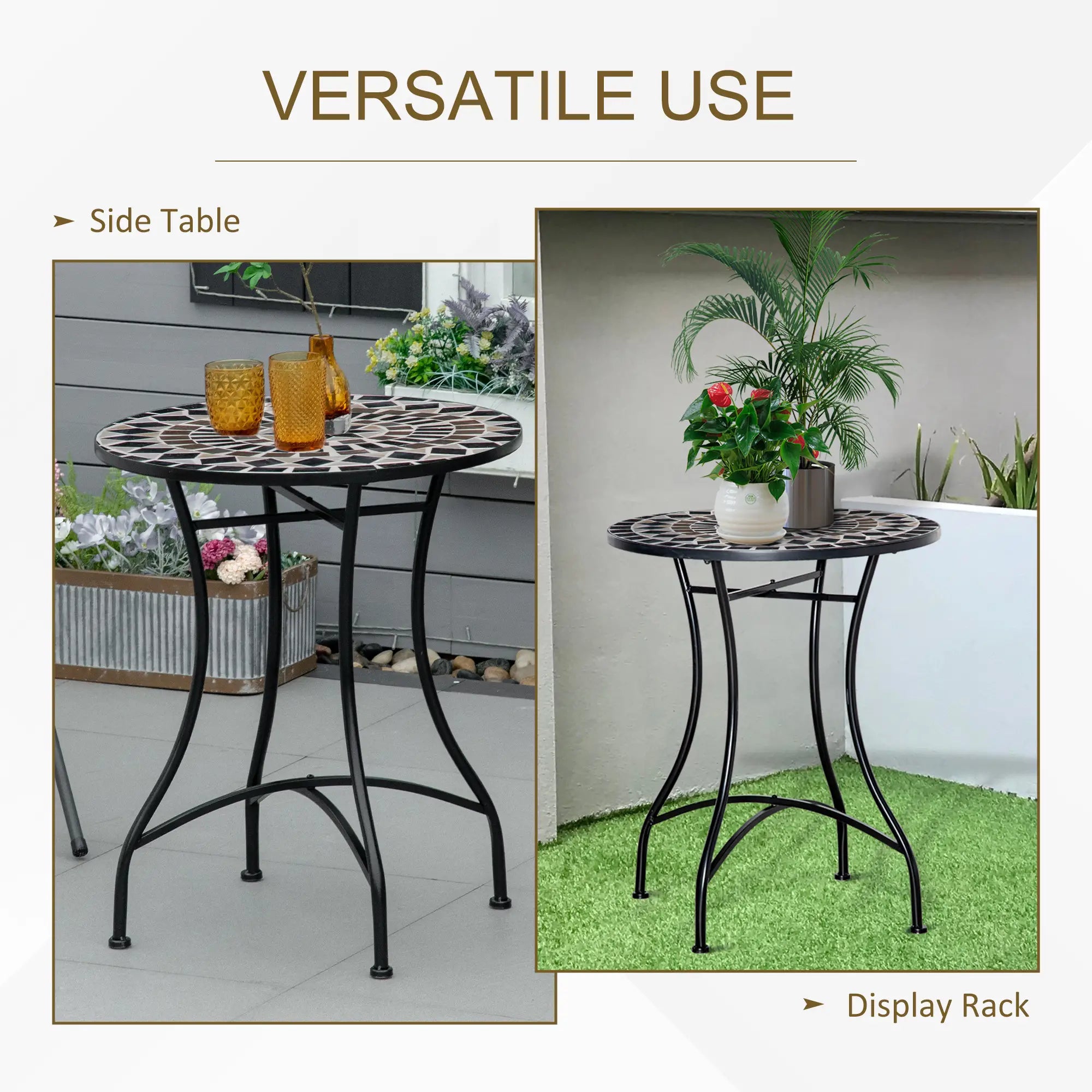 Round Mosaic Patio Table, Metal Frame, Outdoor Garden Furniture, Black Patio Side Tables at Gallery Canada