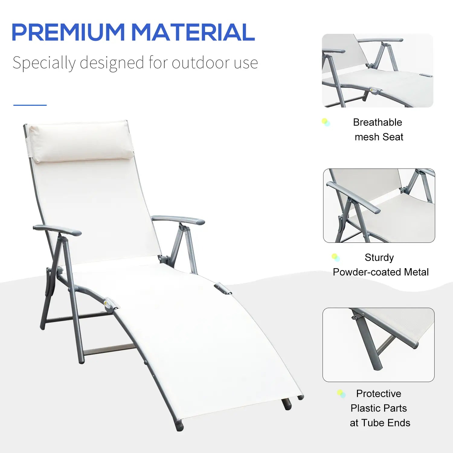 Heavy Duty Adjustable Folding Chair, Outdoor Sun Lounger, 7 Positions, Cream Lounger Chairs at Gallery Canada