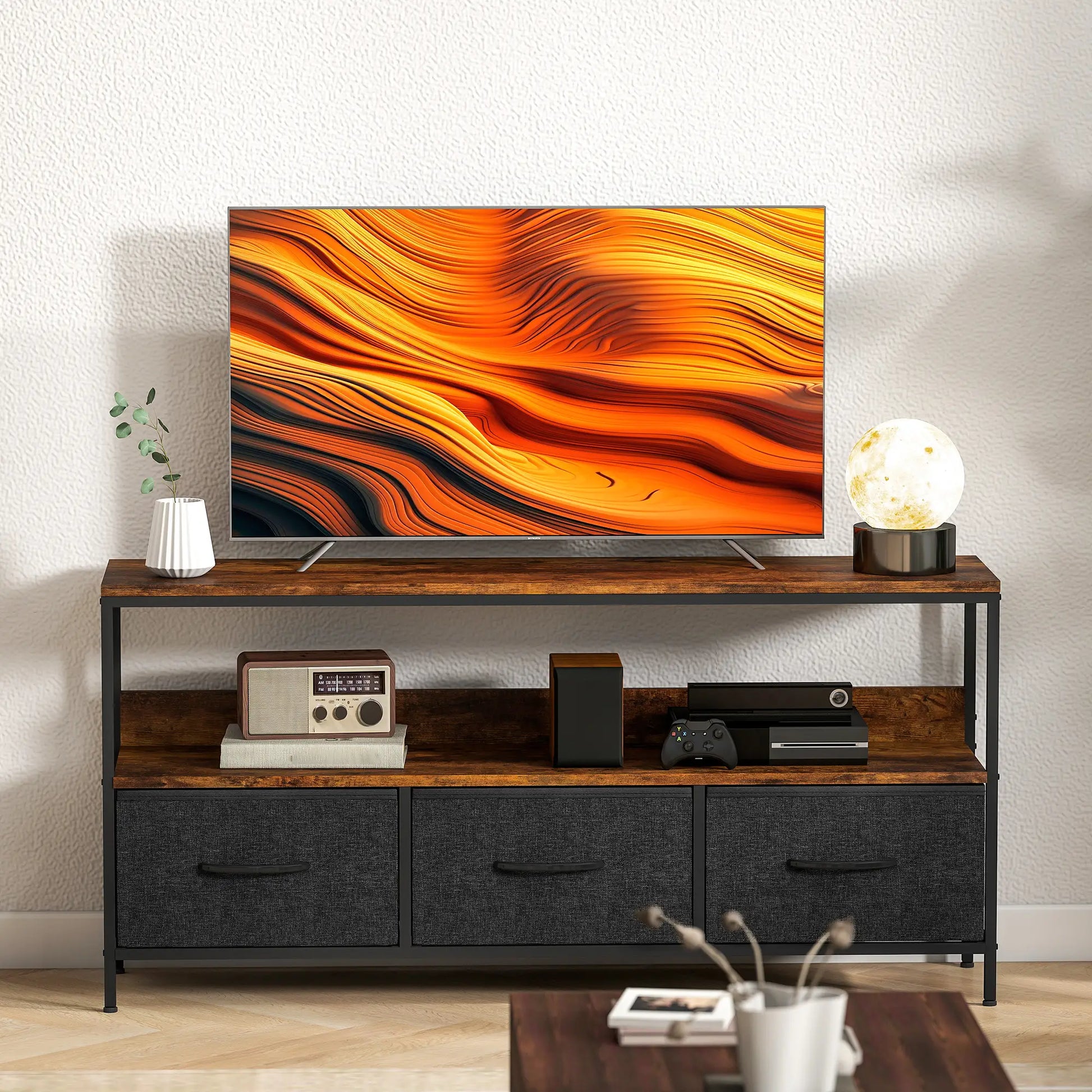 TV Stand with Charging Station, 3 Foldable Drawers, 55 Inch, Rustic Brown TV Stands at Gallery Canada
