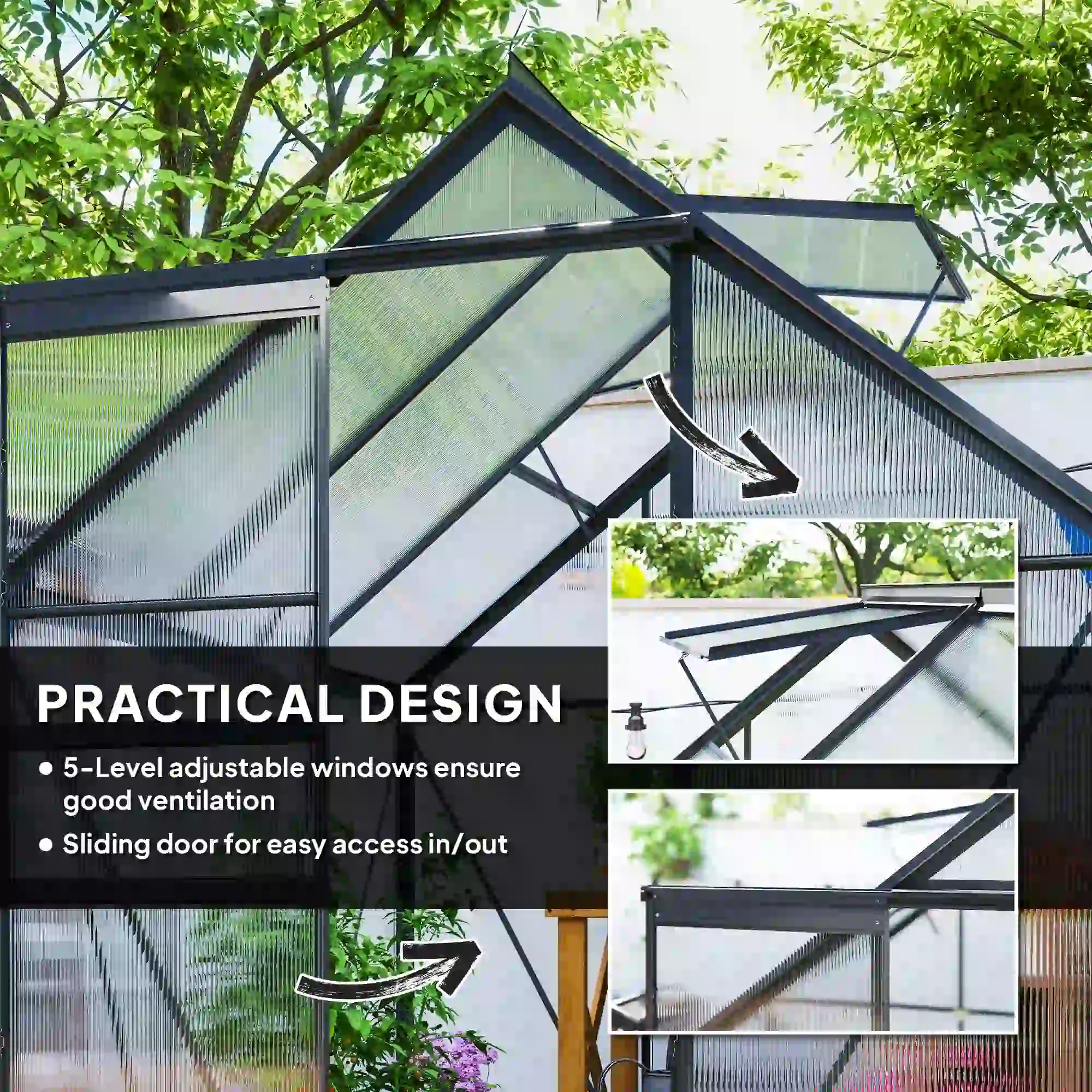 6' x 6' x 6.5' Polycarbonate Greenhouse, Walk-in, Adjustable Roof Vent, Grey Walk In Greenhouses at Gallery Canada