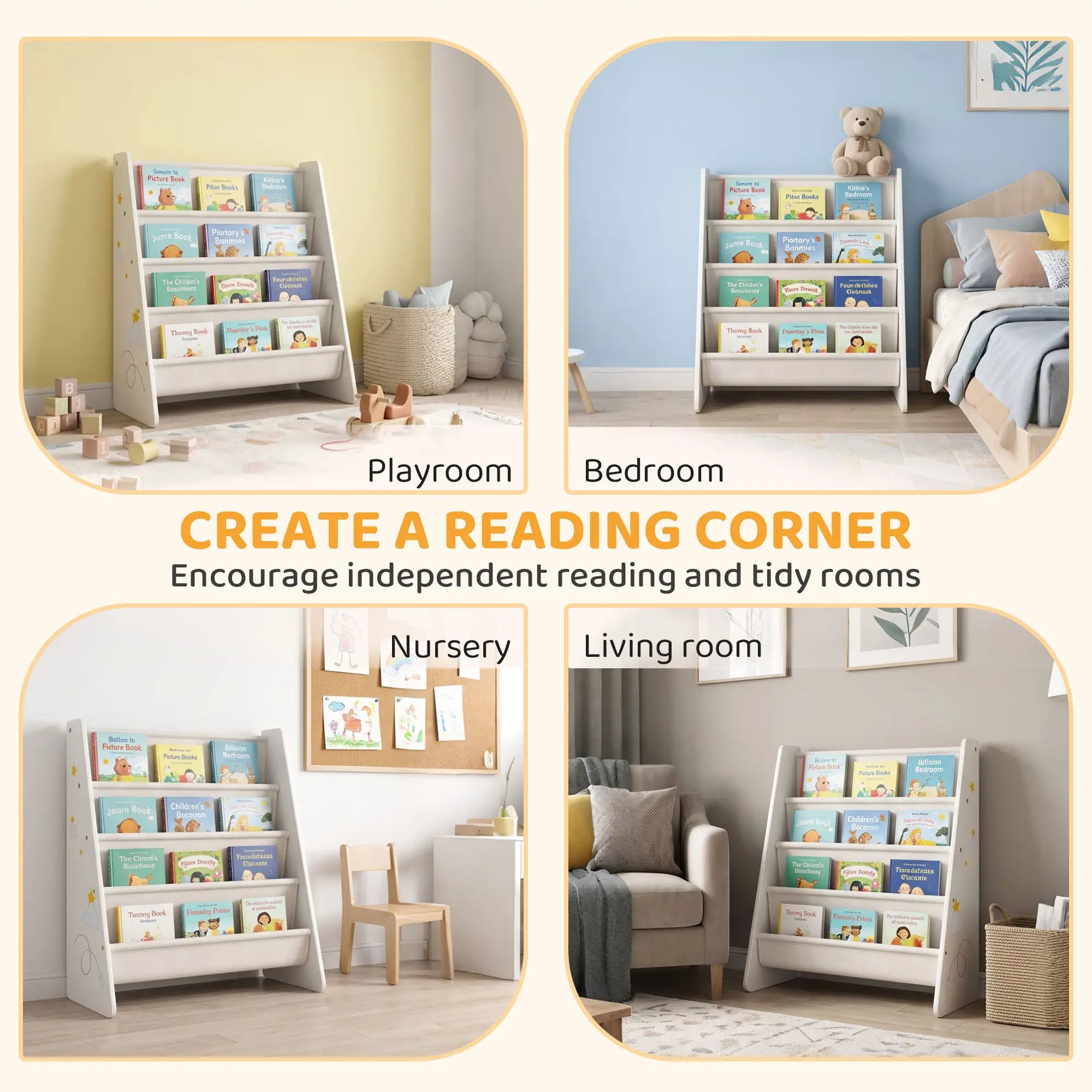 Fabric Kids Bookshelf, 4-Tier Toddler Sling Book Rack, White Baby & Kids Storage at Gallery Canada