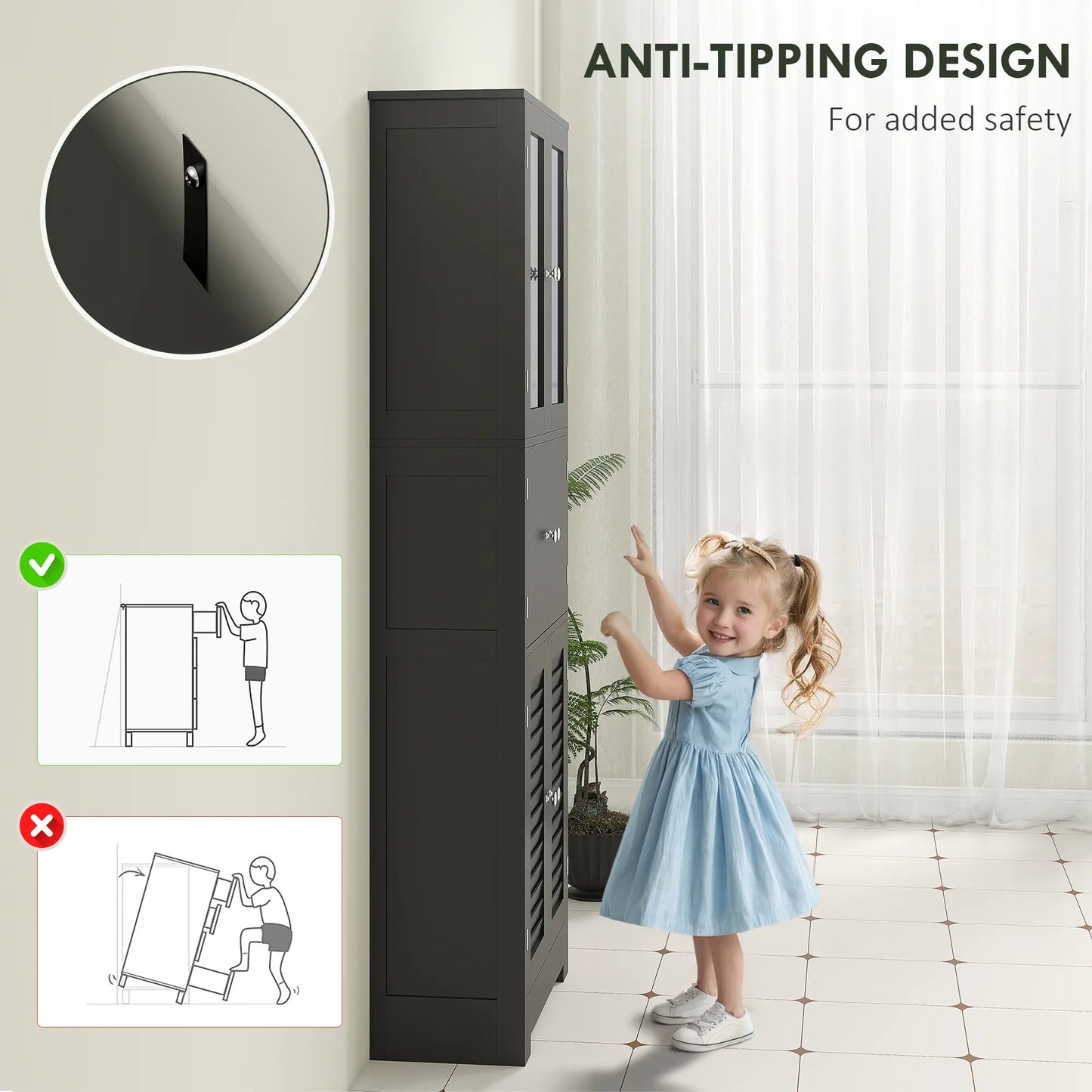 Freestanding Bathroom Cabinet, Glass Louvred Doors, Tall, Black Bathroom Cabinets at Gallery Canada