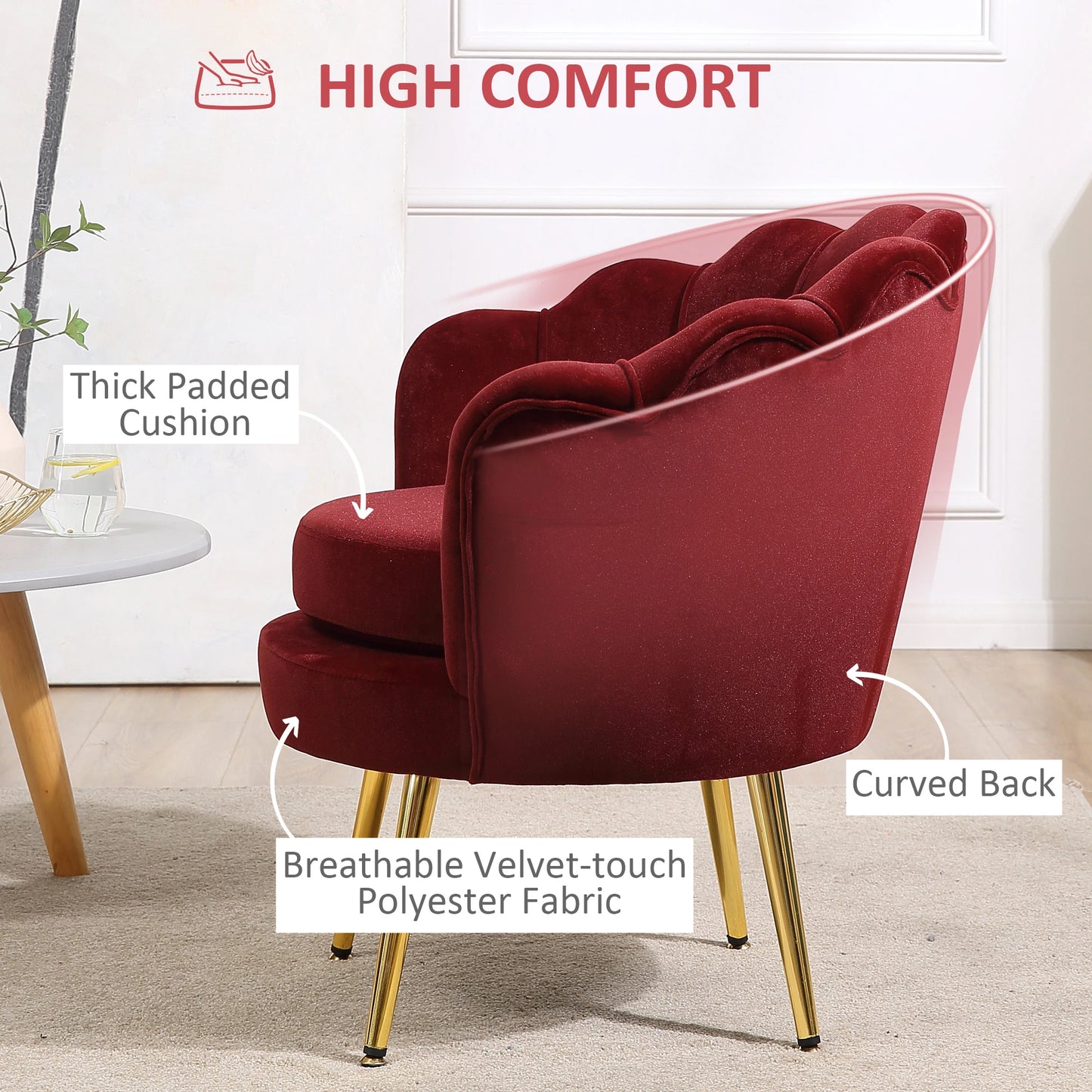Modern Velvet Accent Chair, Gold Metal Legs, Wine Red Accent Chairs at Gallery Canada
