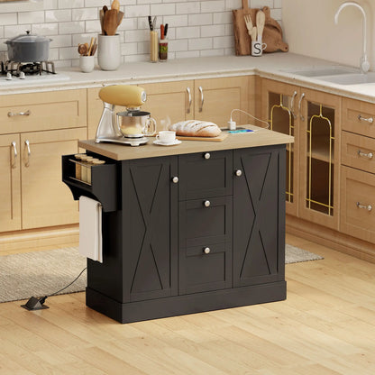 Farmhouse Kitchen Island Cart with Power Outlet, 49 Inch, Black Kitchen Islands & Kitchen Carts at Gallery Canada