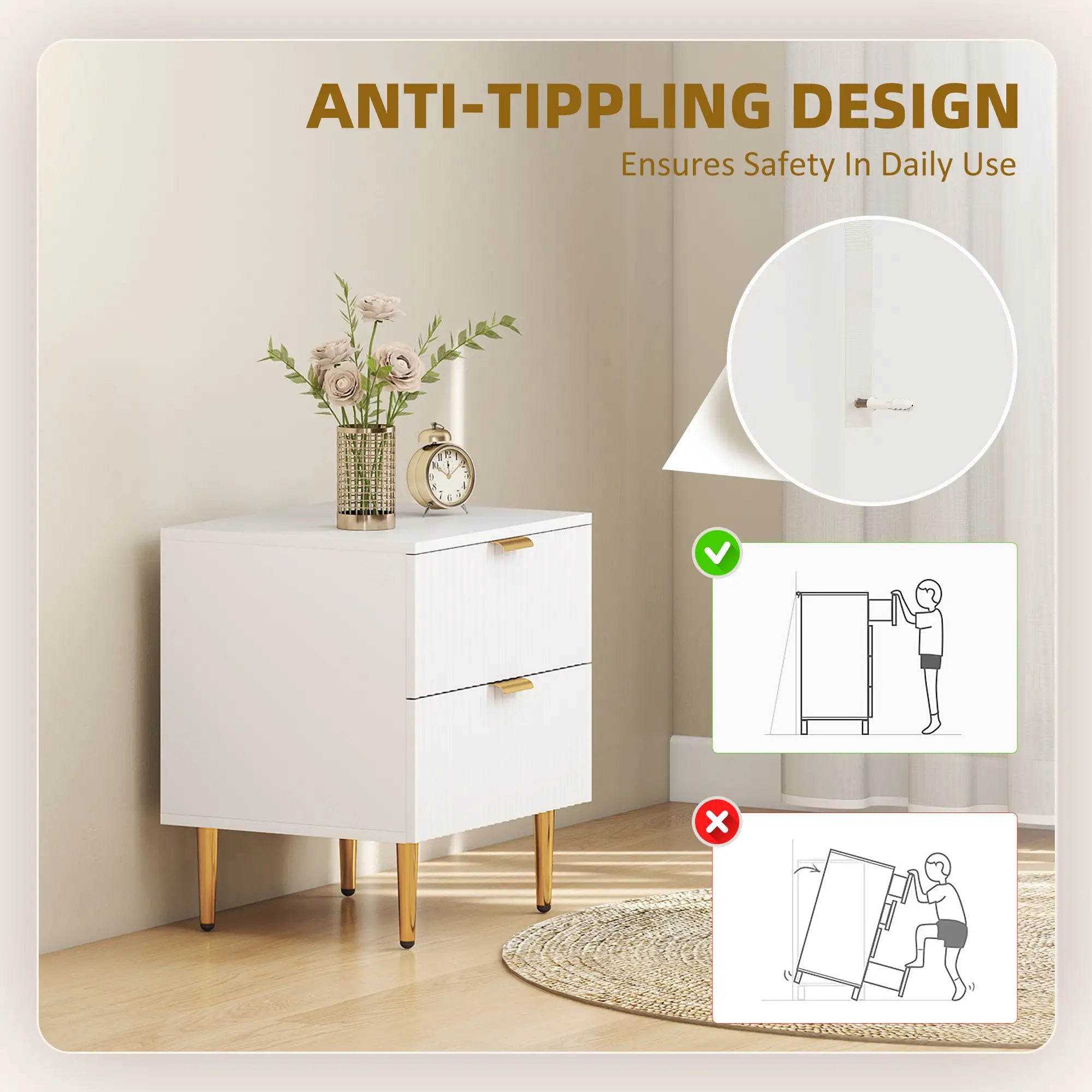 Modern Nightstand With 2 Drawers, Metal Legs For Bedroom, White Bedside Tables at Gallery Canada