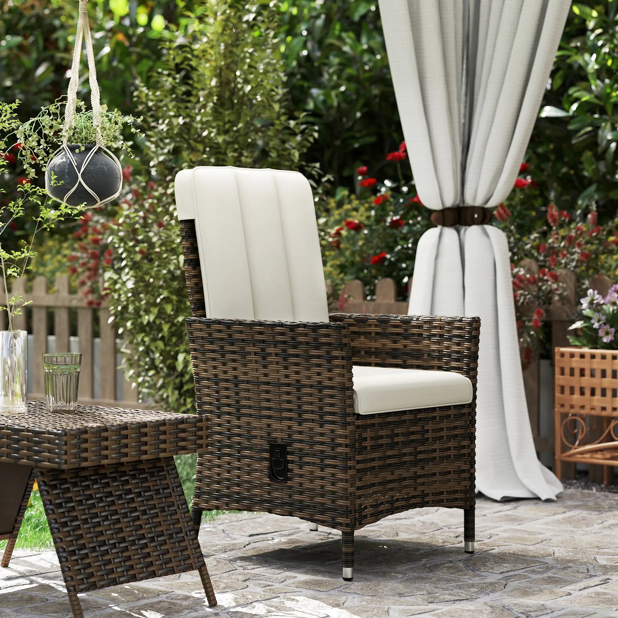 Wicker Outdoor Recliner Chair, Adjustable Backrest With Cushion, Cream White Wicker Chaise Loungers at Gallery Canada