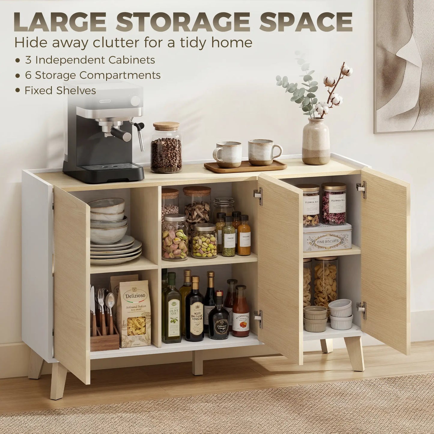 Sideboard Buffet Cabinet, 47" Modern Kitchen Storage Cabinet with 6 Compartments, Soft-Close Doors, Natural Wood Effect Bar Cabinets at Gallery Canada