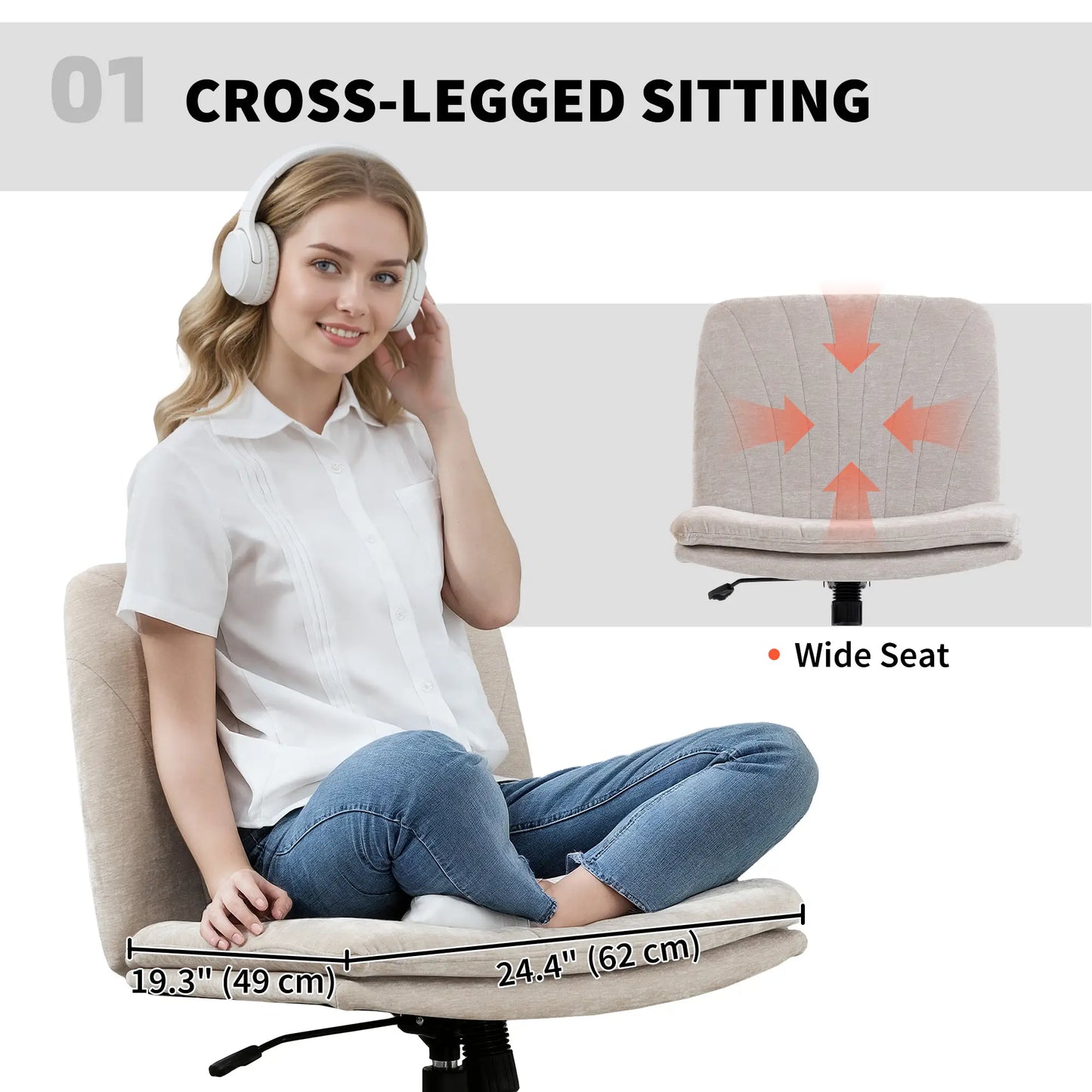 Criss Cross Chair with Wheels, Wide Office Chair, No Arms, Adjustable Height, Tilting, Beige Task Chairs at Gallery Canada