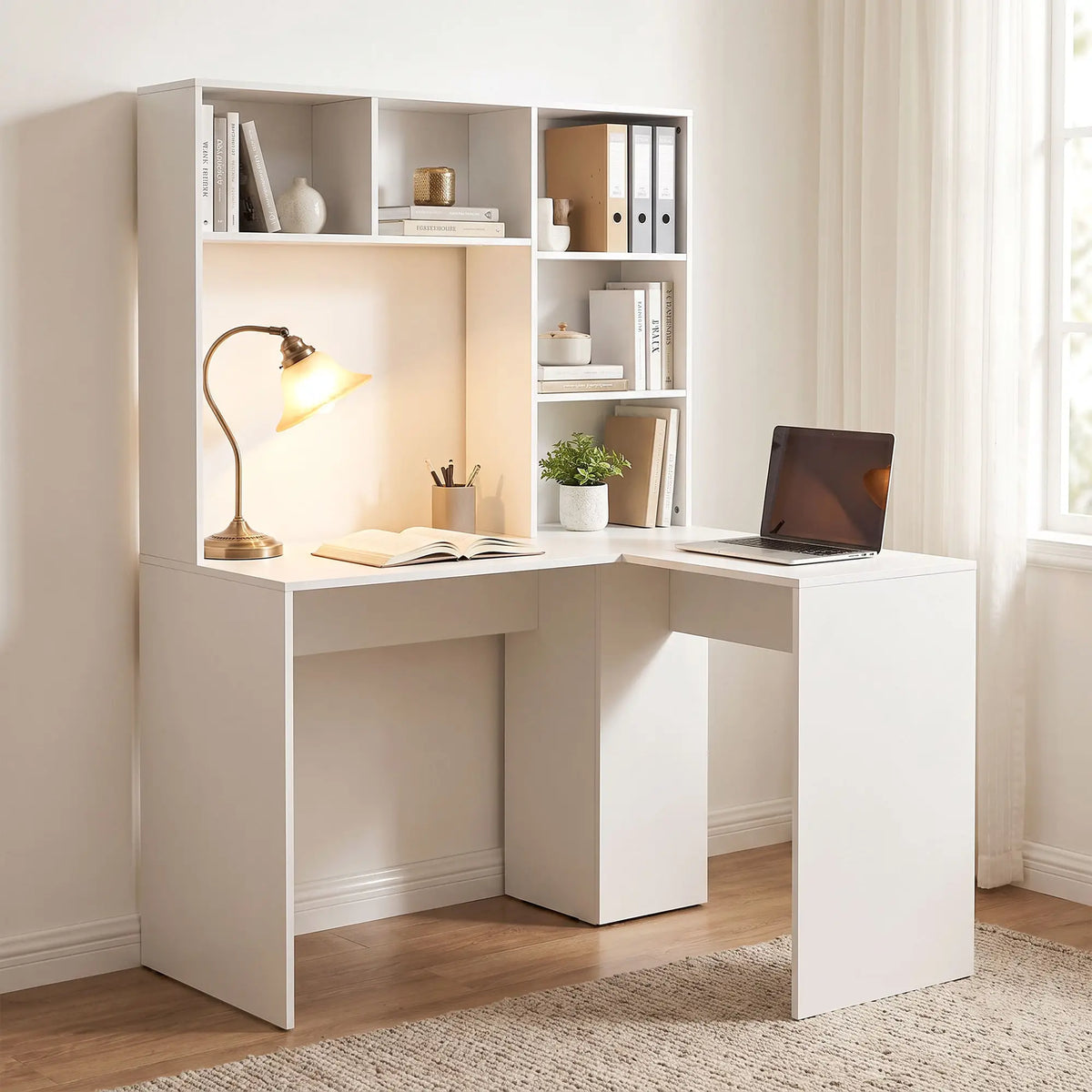 L Shaped Desk, Corner Computer Desk with Storage Shelves, White Writing Desks at Gallery Canada