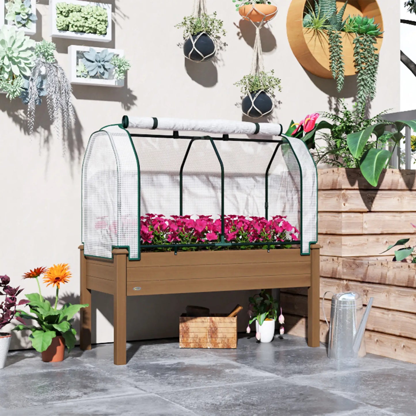 Raised Garden Bed With Greenhouse Cover, Elevated Wood Planter Box, Brown Elevated Garden Beds at Gallery Canada