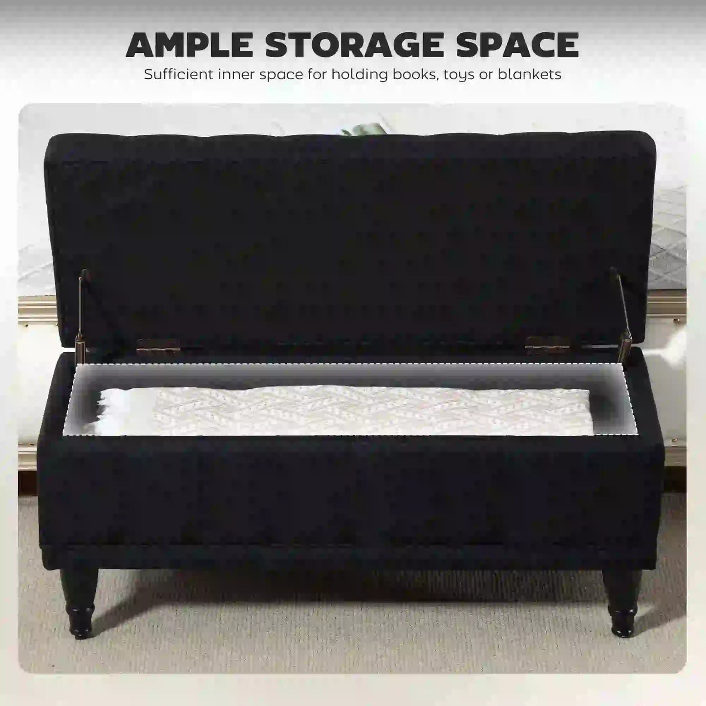 Storage Ottoman, Linen Fabric, Button Tufted, Black Storage Ottomans & Benches at Gallery Canada