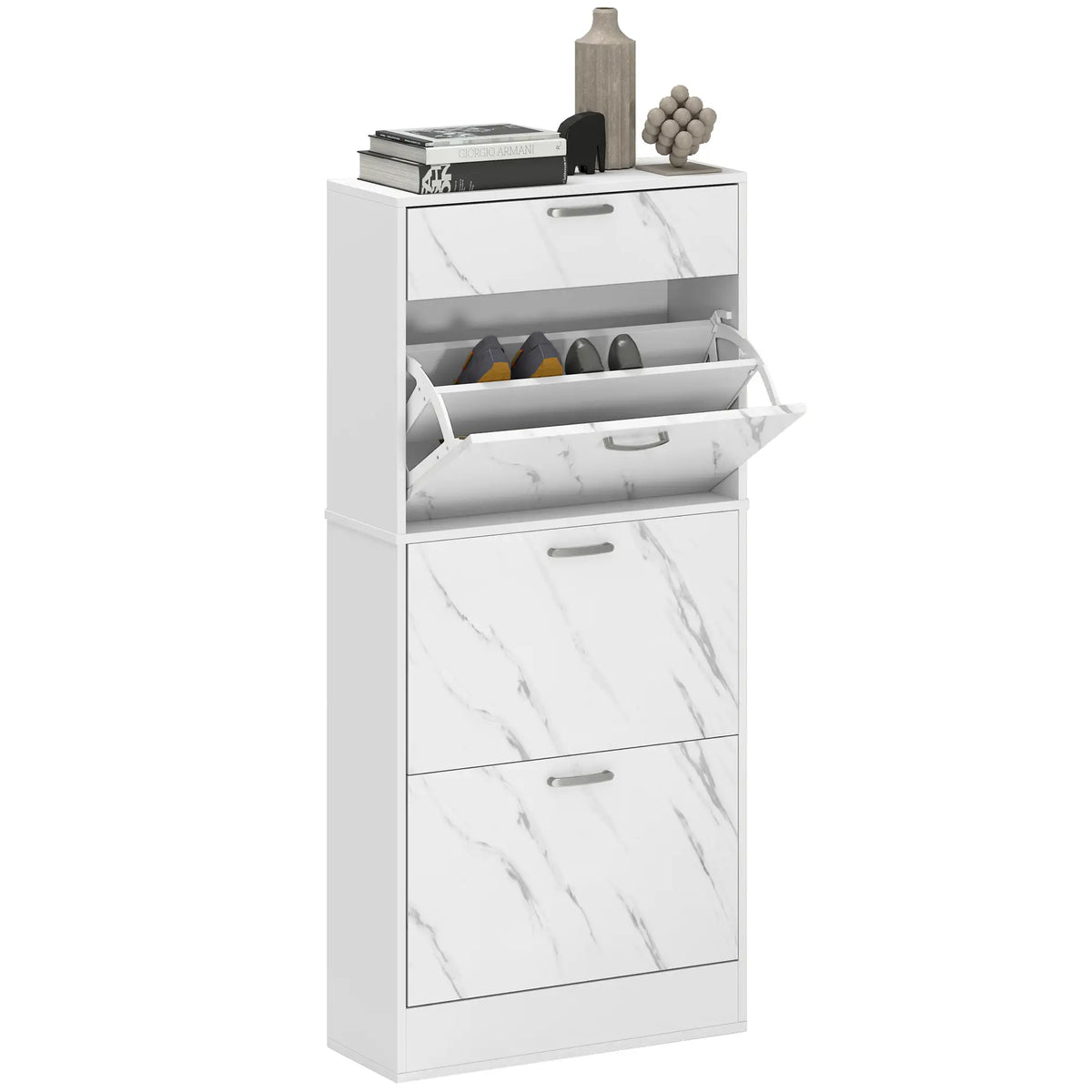 3 Flip Drawer Shoe Cabinet, Marble-Effect Narrow, White