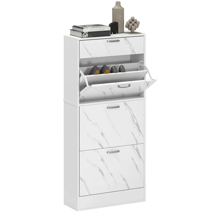 3 Flip Drawer Shoe Cabinet, Marble-Effect Narrow, White