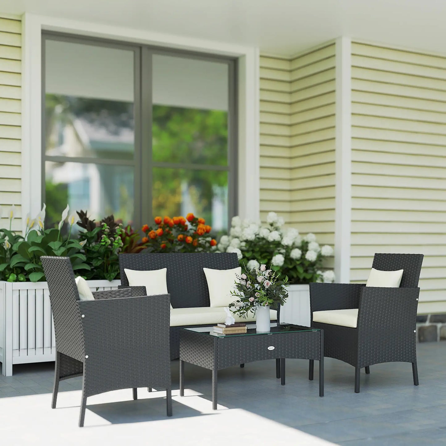 4-Piece Rattan Patio Set, Coffee Table, 22.8" W x 21.7" D x 33.5" H, Black Cream Patio Furniture Sets at Gallery Canada