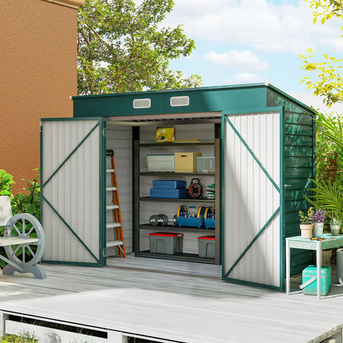 8 x 4FT Galvanized Metal Garden Shed, Double Doors, 2 Vents, Green