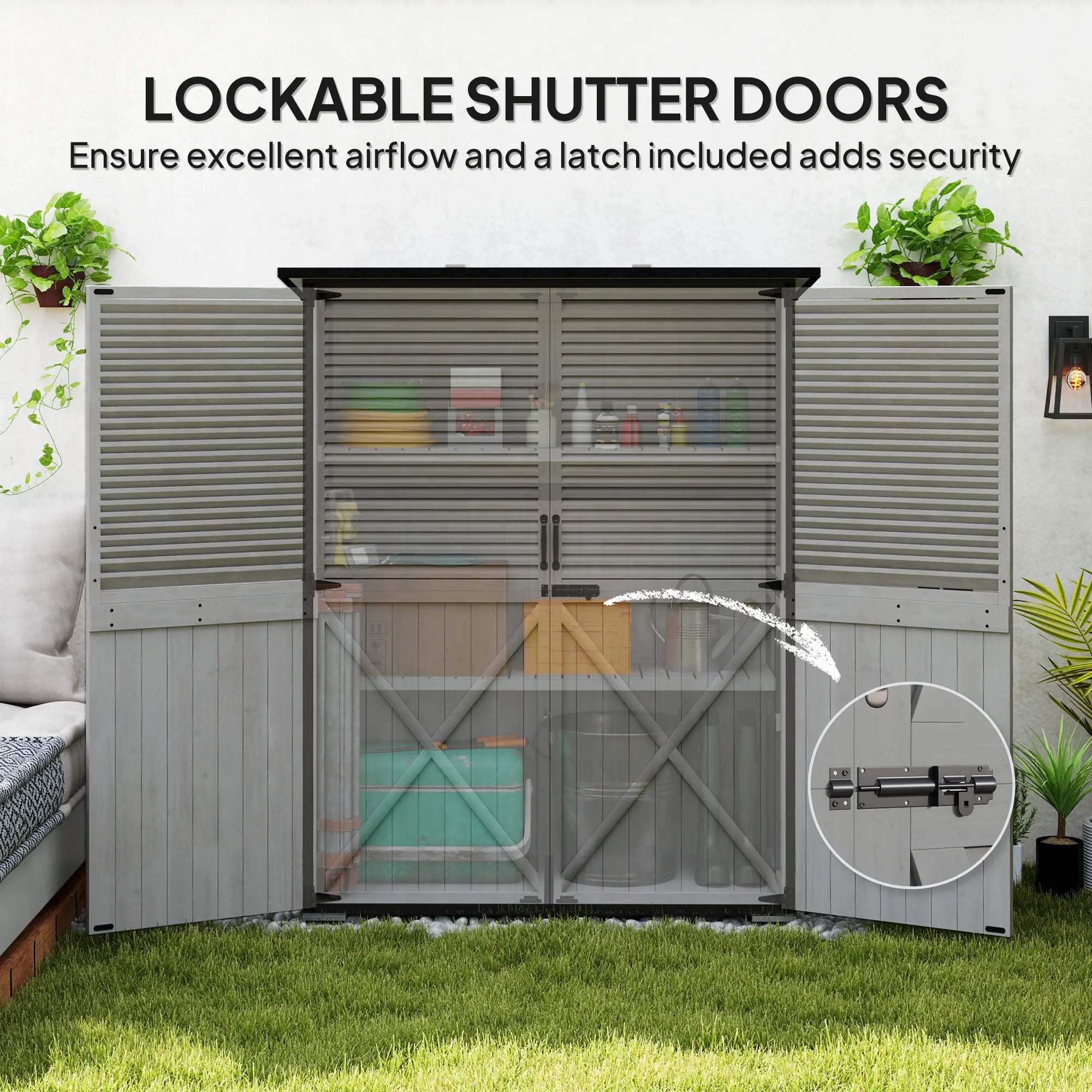 Outdoor Storage Cabinet, Wood Garden Shed, Steel Frame, Asphalt Roof, 2 Shelves, Lockable Doors, Grey Sheds at Gallery Canada