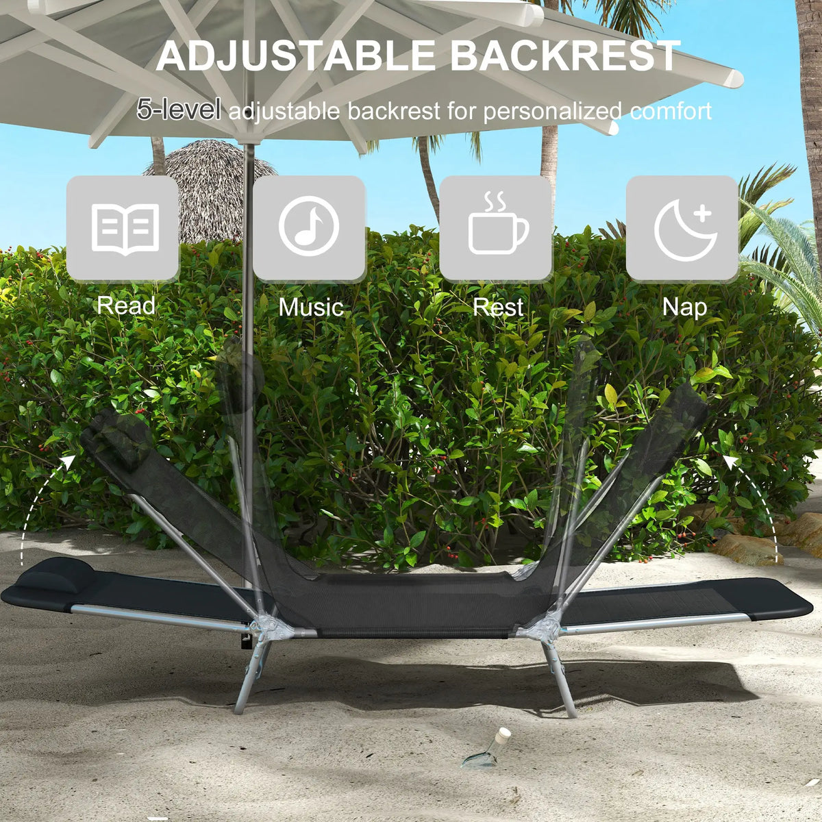 Folding Outdoor Lounge Chair Set, 2 Reclining Tanning Chairs, 5-Position Adjustable Backrest, Black
