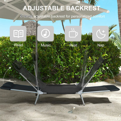Folding Outdoor Lounge Chair Set, 2 Reclining Tanning Chairs, 5-Position Adjustable Backrest, Black